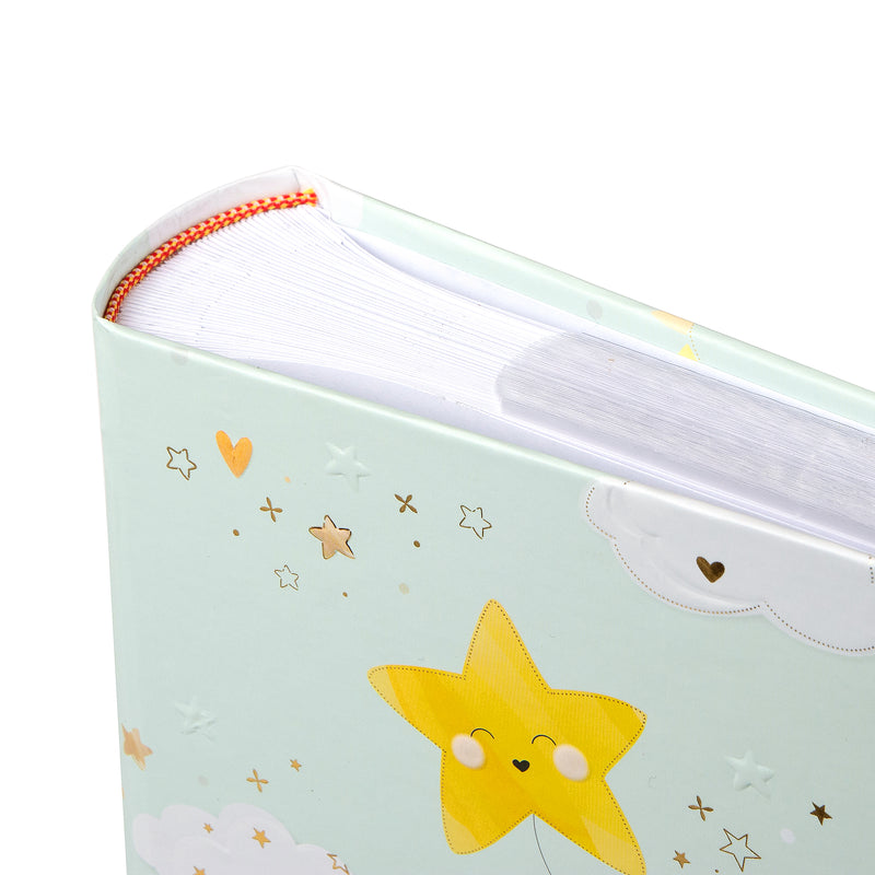 Goldbuch mint green photo album cover featuring a cartoon bunny sitting on a rainbow, surrounded by clouds, stars, and hearts.