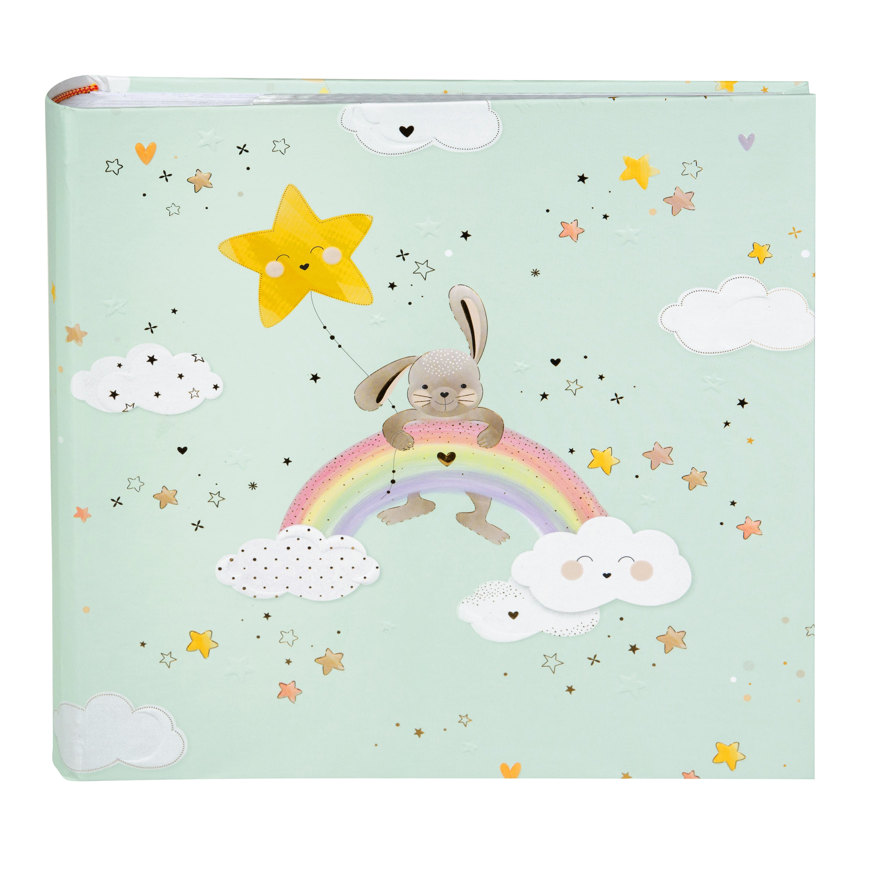 Goldbuch mint green photo album cover featuring a cartoon bunny sitting on a rainbow, surrounded by clouds, stars, and hearts.