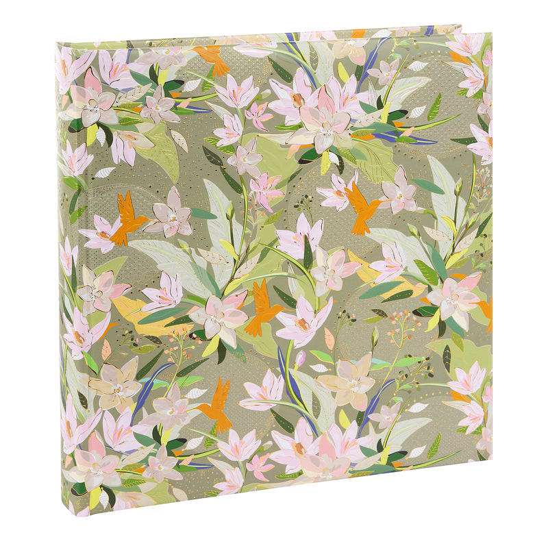 A green Goldbuch photo album with floral patterns and birds