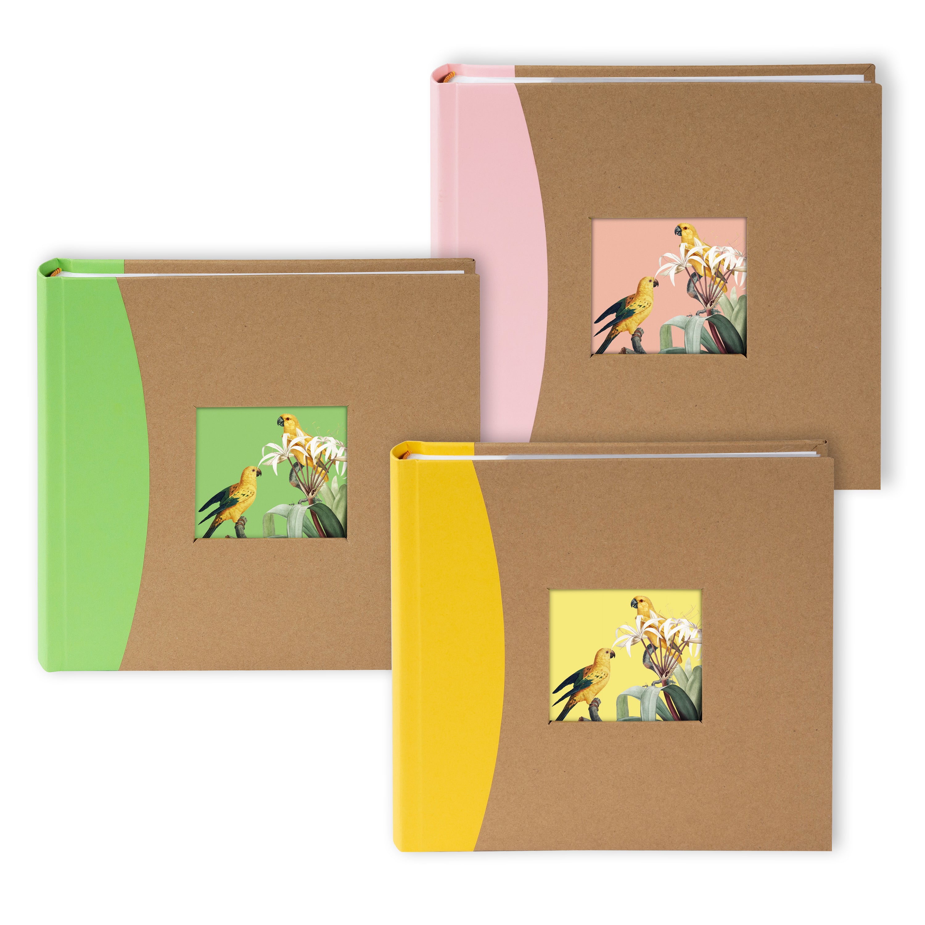 Three Goldbuch photo albums with colorful front covers and bird illustrations on a white background