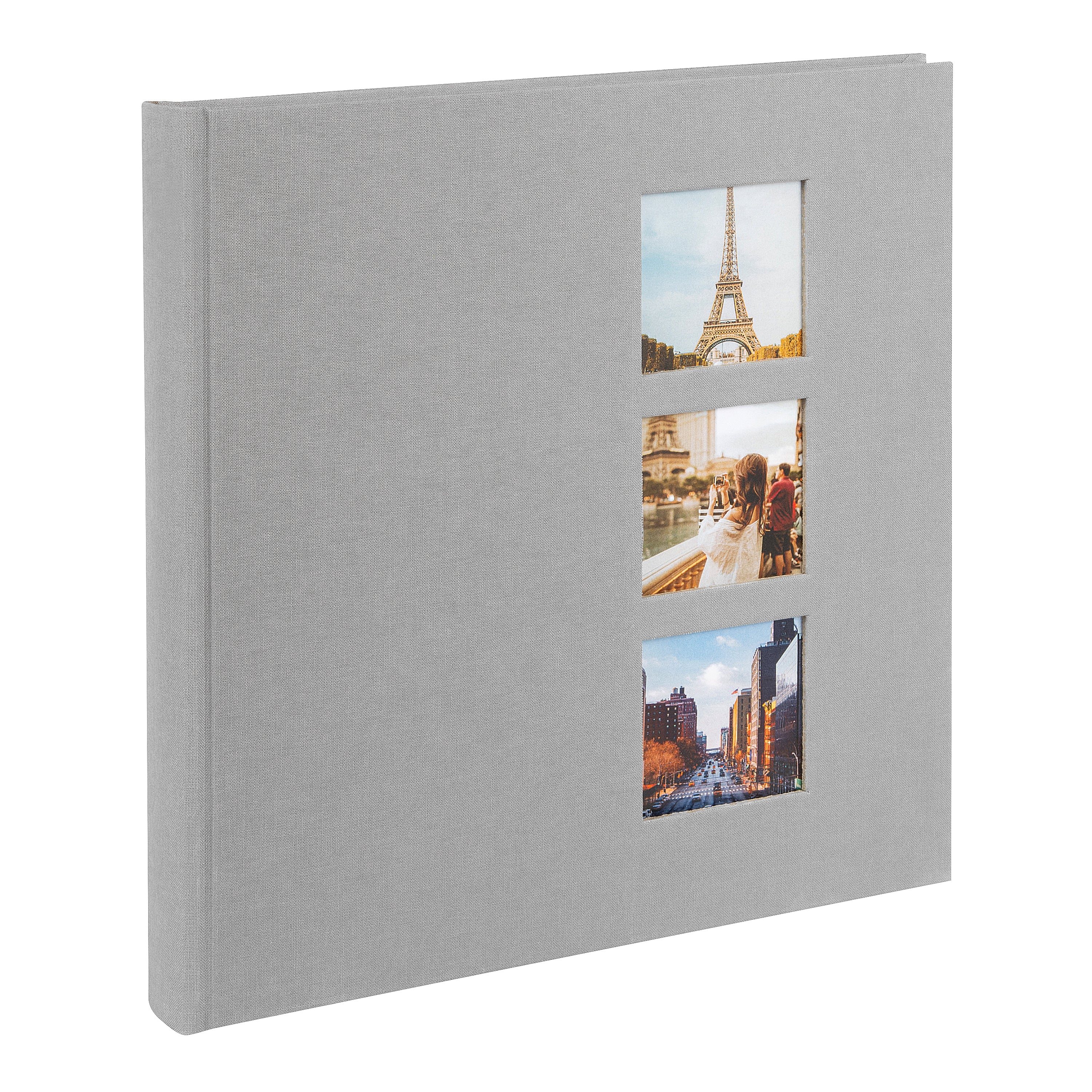Grey Goldbuch photo album with cut-out sections displaying images of the Eiffel Tower and other scenes.