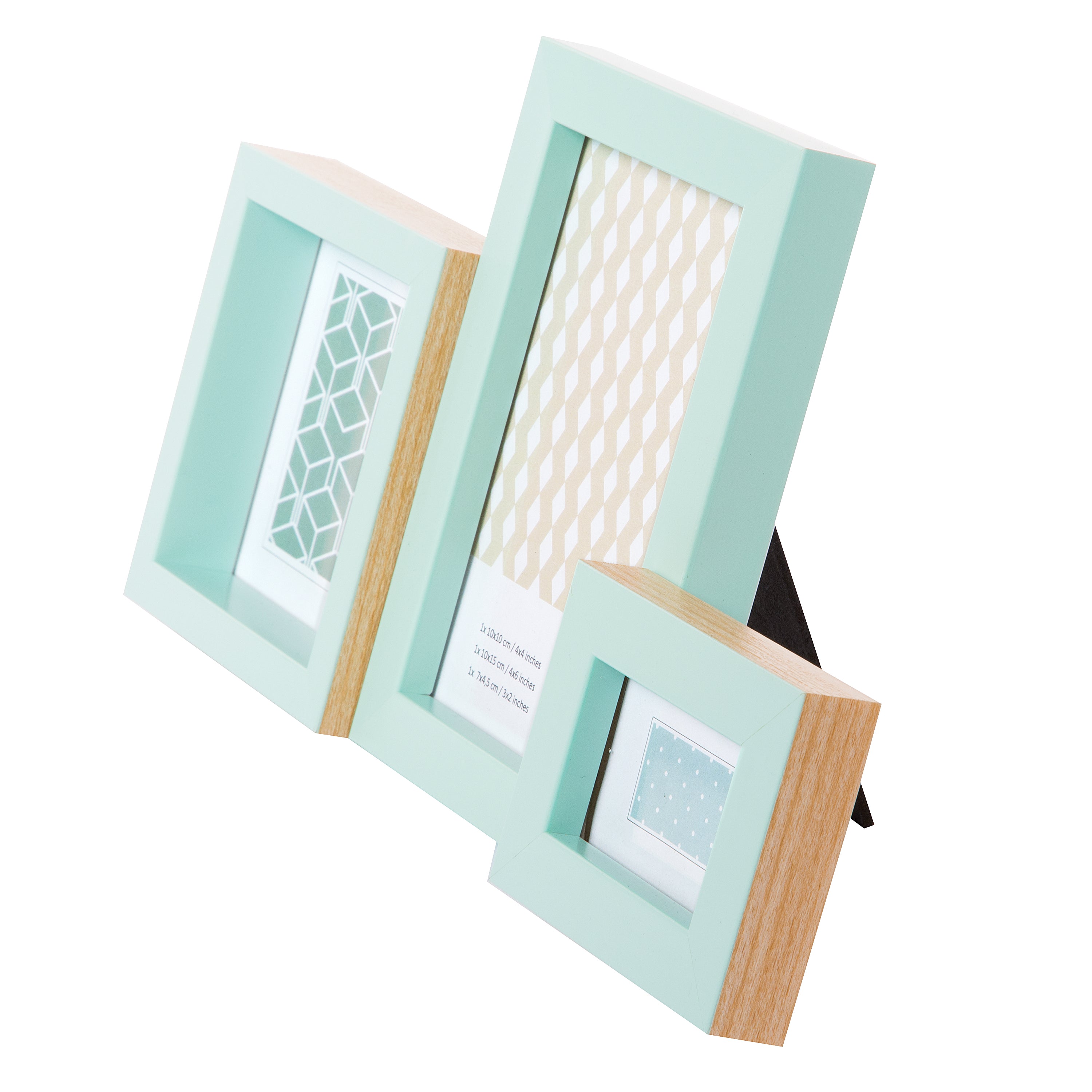 Goldbuch pastel green photo frame of different sizes, each containing patterned paper, are arranged in a staggered row against a white background.