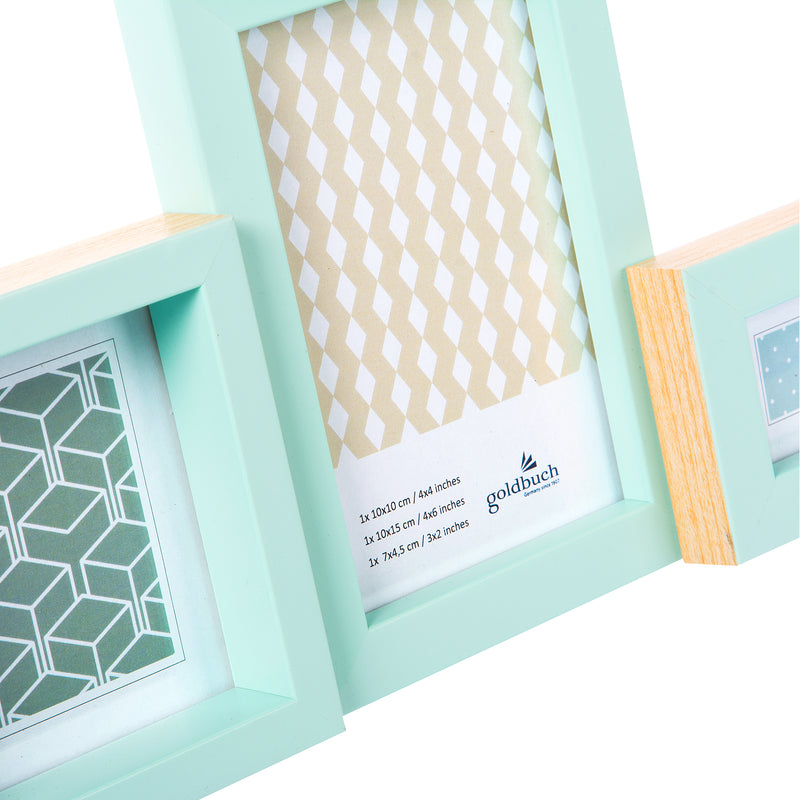 Goldbuch pastel green photo frame of different sizes, each containing patterned paper, are arranged in a staggered row against a white background.