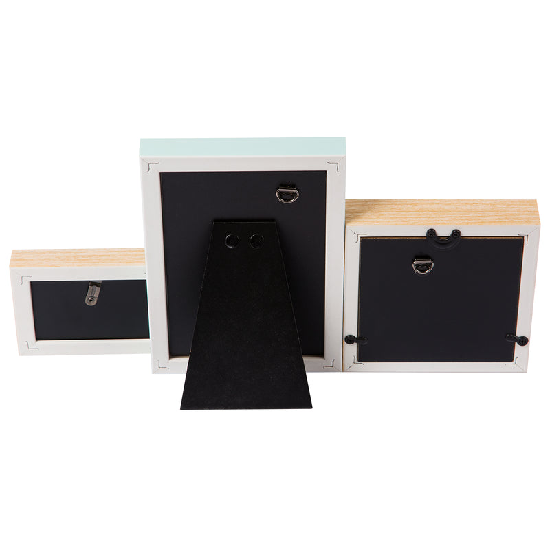 Goldbuch pastel green photo frame of different sizes, each containing patterned paper, are arranged in a staggered row against a white background.