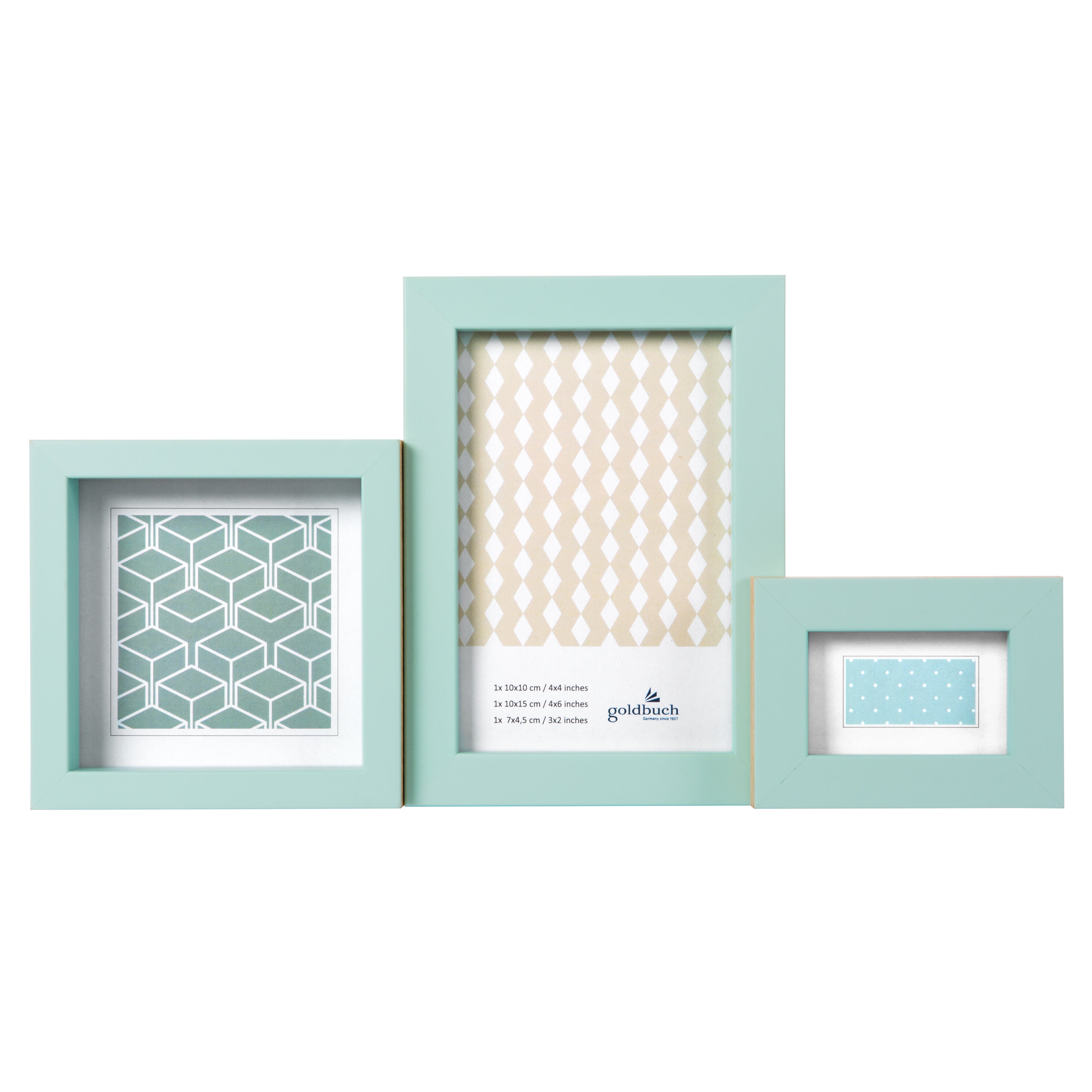 Goldbuch pastel green photo frame of different sizes, each containing patterned paper, are arranged in a staggered row against a white background.