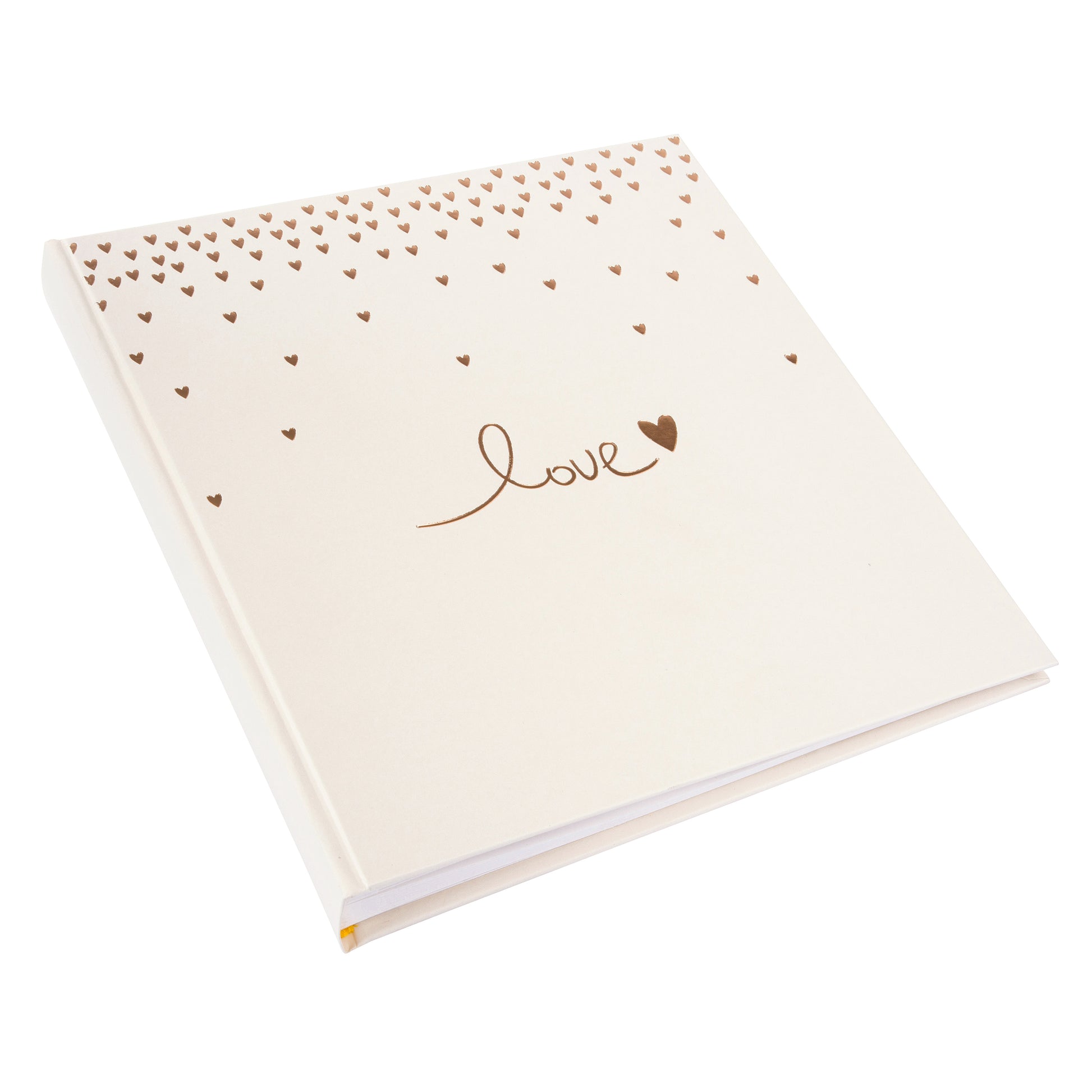 Goldbuch photo album with 'love' and heart design on a beige background