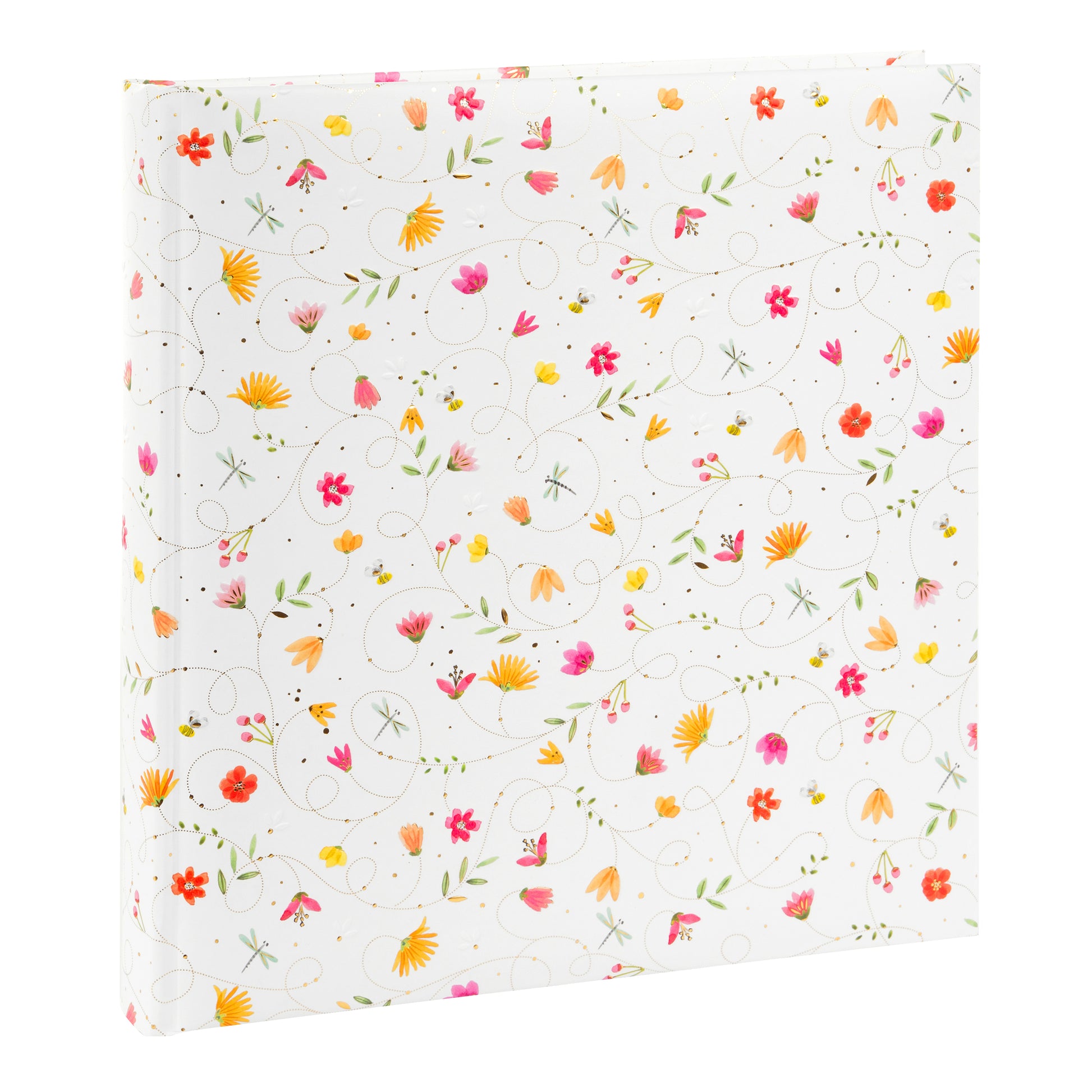 A white Goldbuch photo album adorned with colorful flowers and butterflies on the cover.