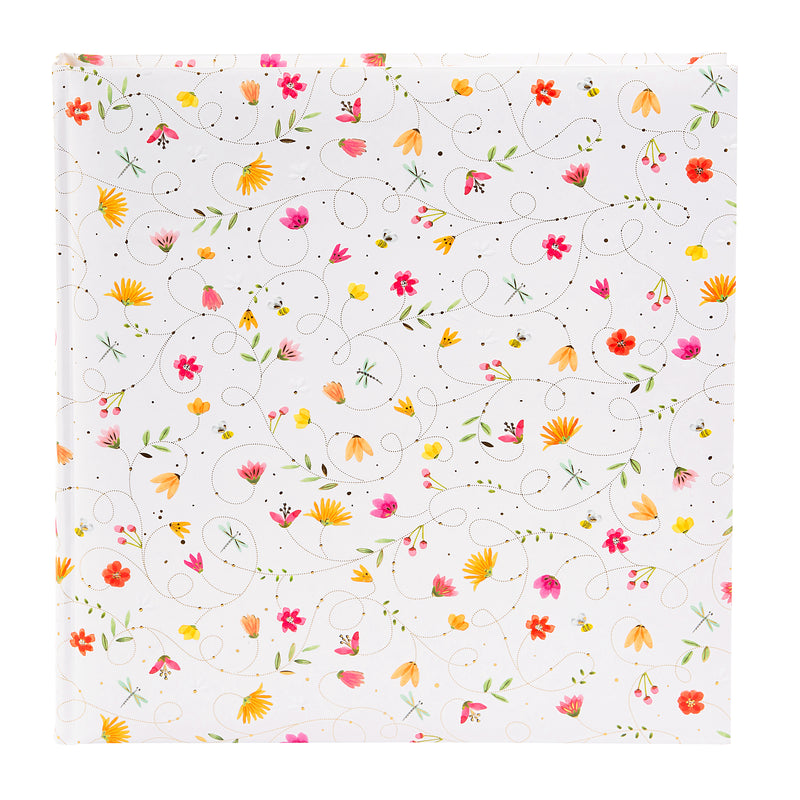 A white Goldbuch photo album adorned with colorful flowers and butterflies on the cover.