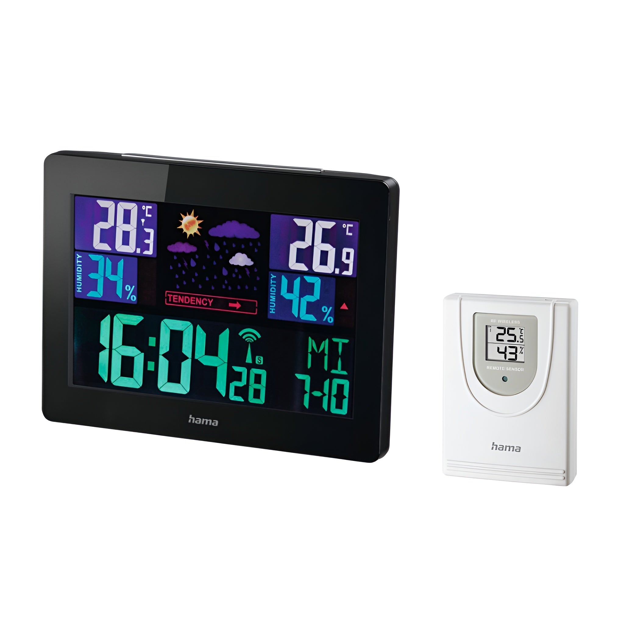 A Hama digital clock and a weather station, together providing time and essential weather information for daily planning.