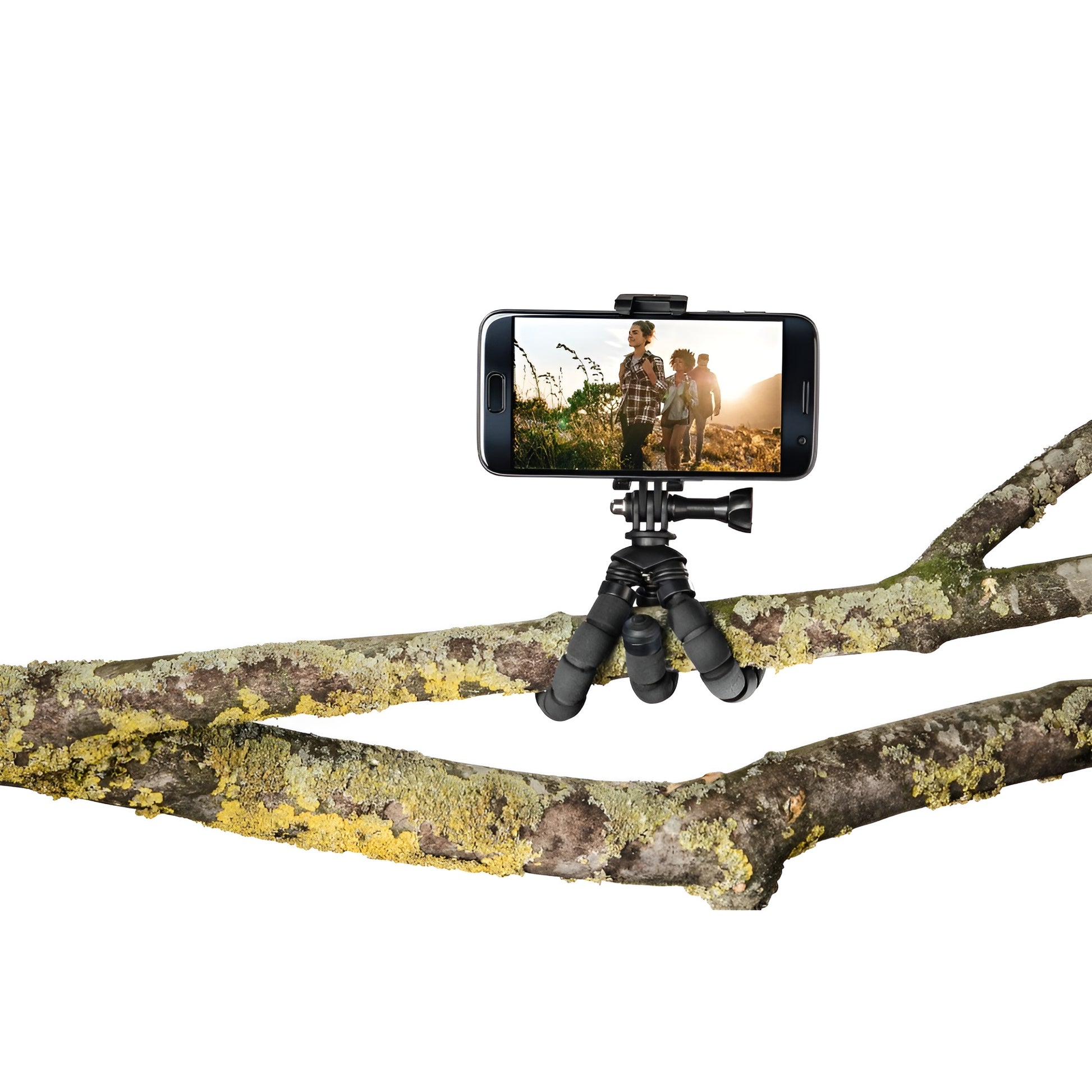 A Hama tripod supporting a camera, positioned for photography, showcasing stability and professional equipment.
