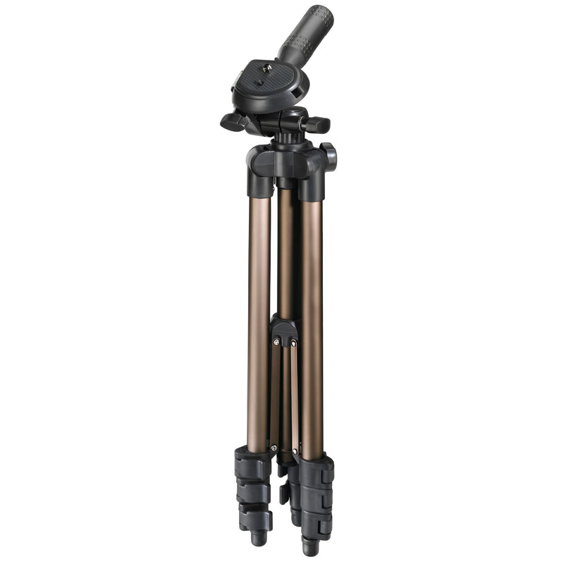 A Hama tripod supporting a camera, positioned for photography, showcasing stability and professional equipment.