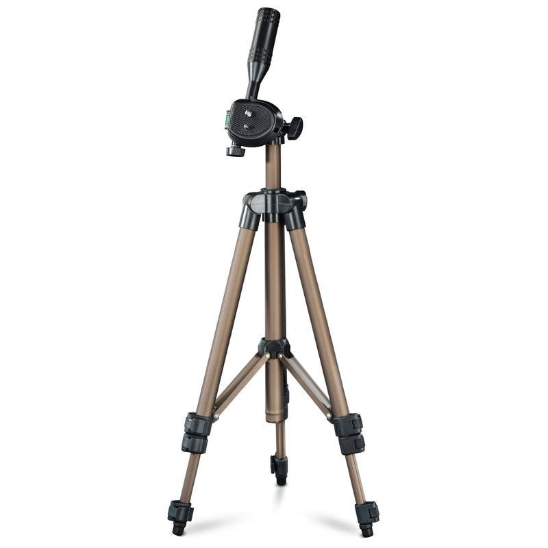 A Hama tripod supporting a camera, positioned for photography, showcasing stability and professional equipment.