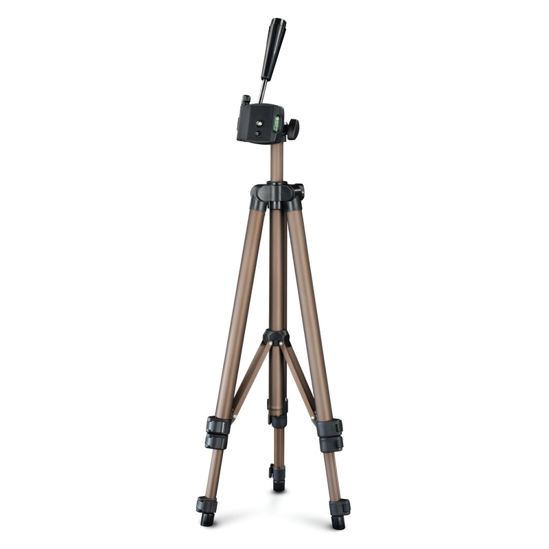 A Hama tripod supporting a camera, positioned for photography, showcasing stability and professional equipment.