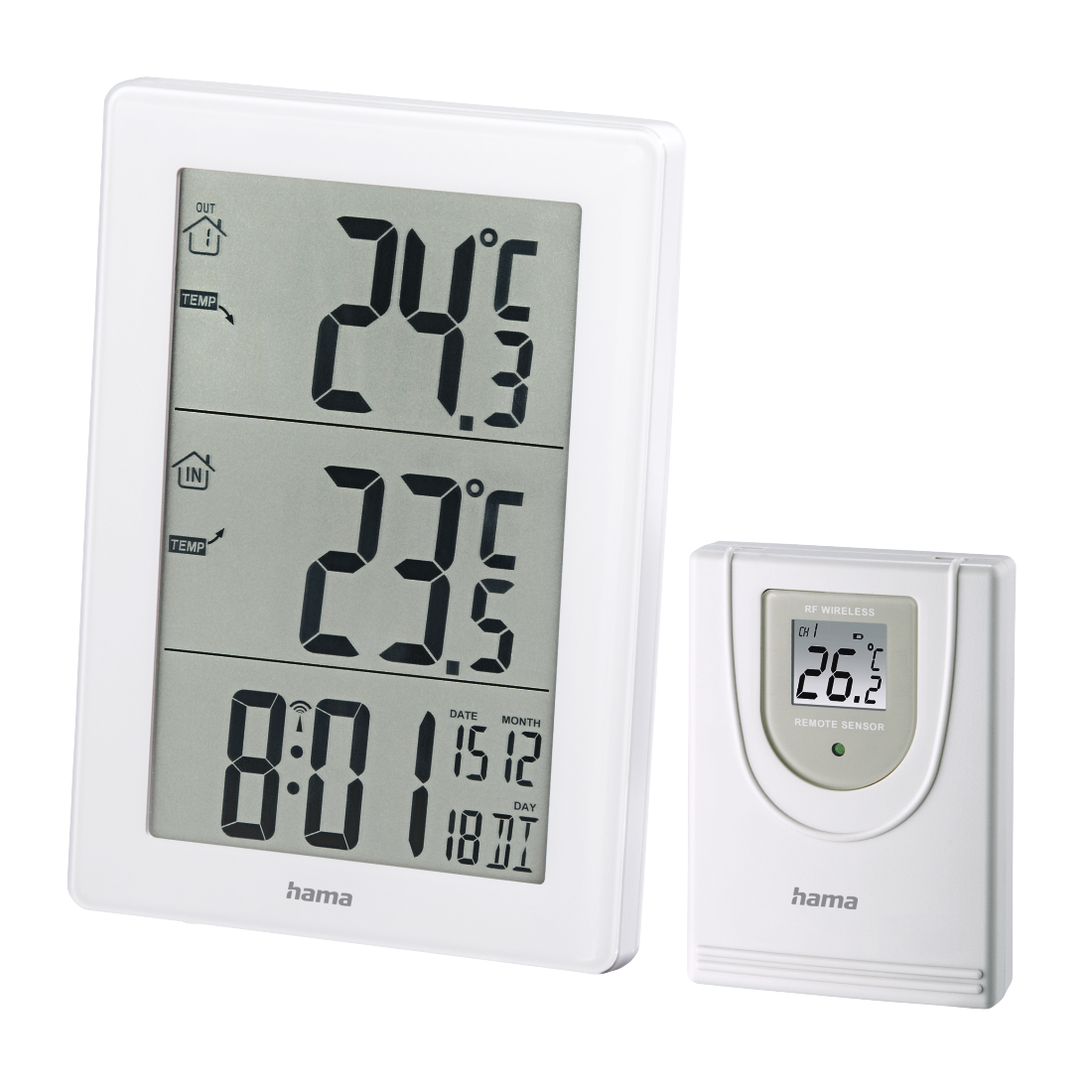 A white Hama digital indoor/outdoor thermometer set with a large main display showing temperature and time, and a smaller remote control unit beside it on a light gray background.