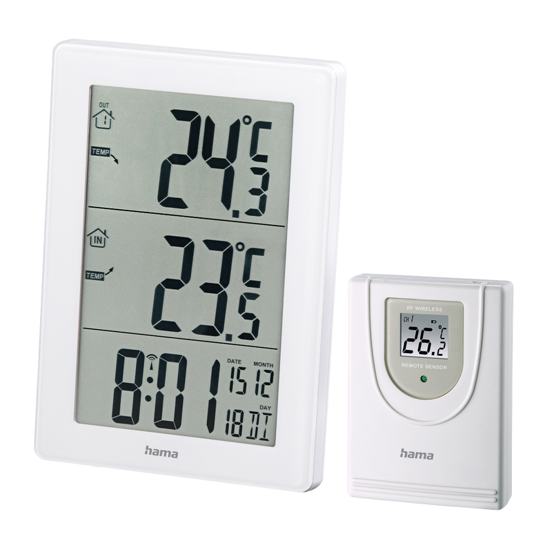 A white Hama digital indoor/outdoor thermometer set with a large main display showing temperature and time, and a smaller remote control unit beside it on a light gray background.