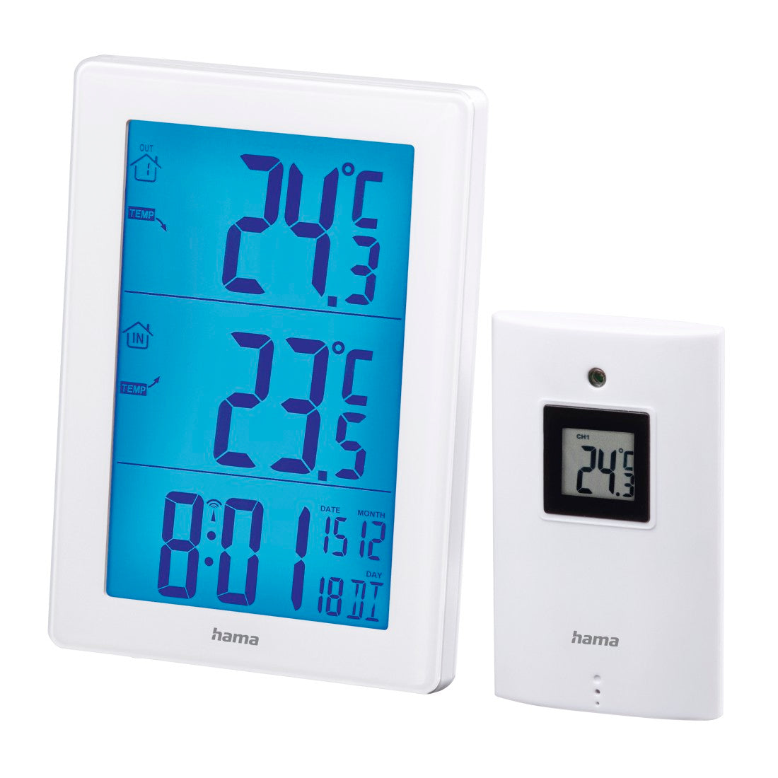 A white Hama digital indoor/outdoor climate control system with a main controller and a separate remote, both featuring blue backlit LCD screens showing temperature and time.