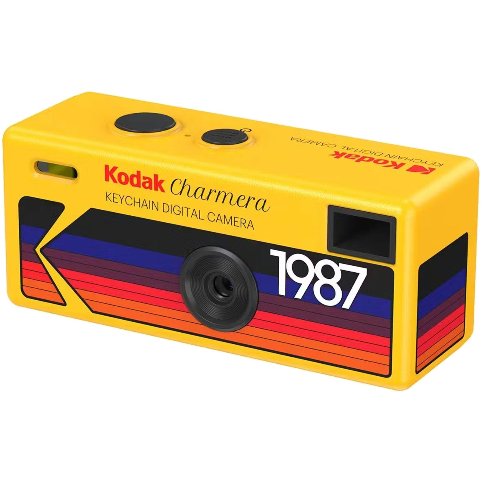 Kodak Charmera keychain digital camera packaging with colorful design and Kodak branding.