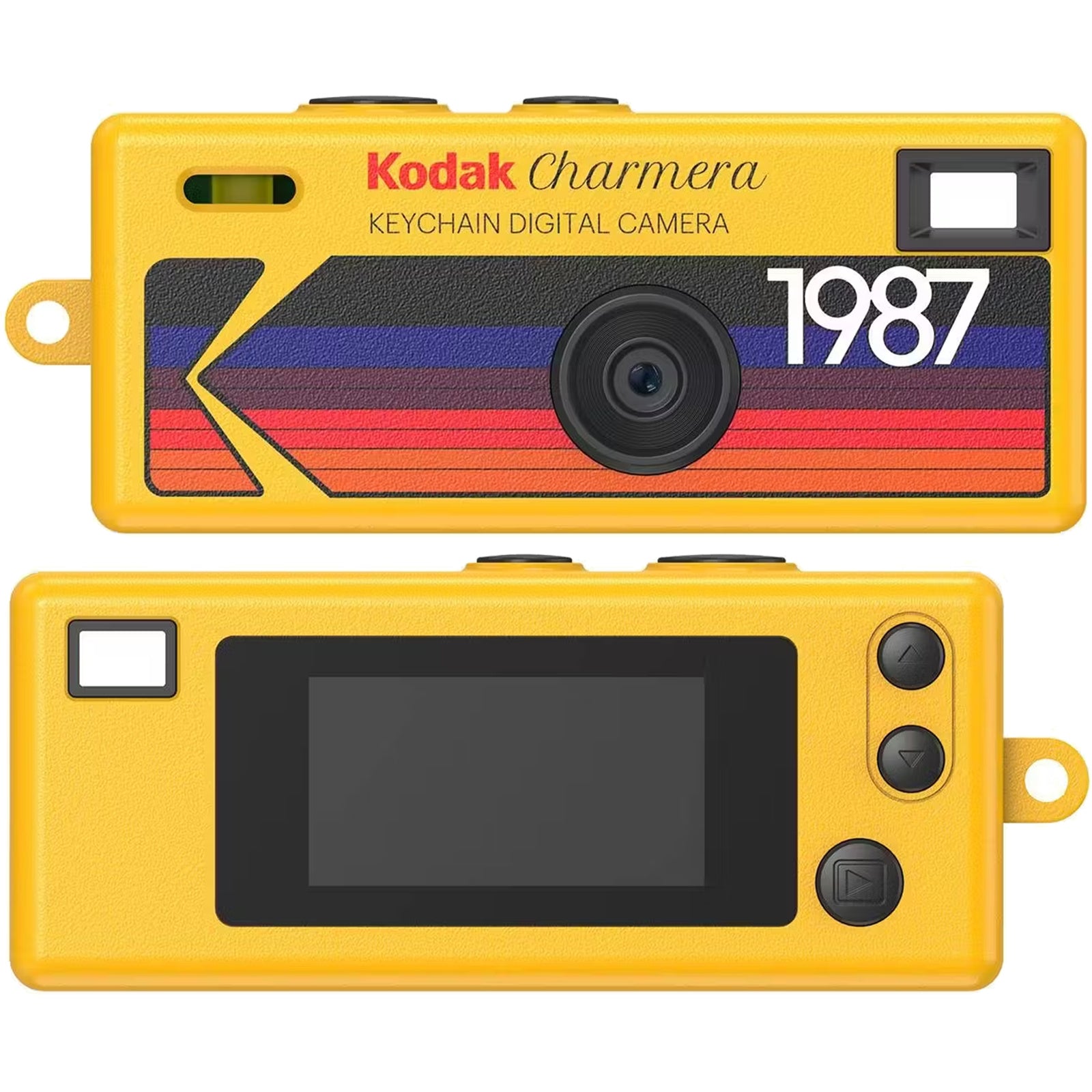 Kodak Charmera keychain digital camera packaging with colorful design and Kodak branding.