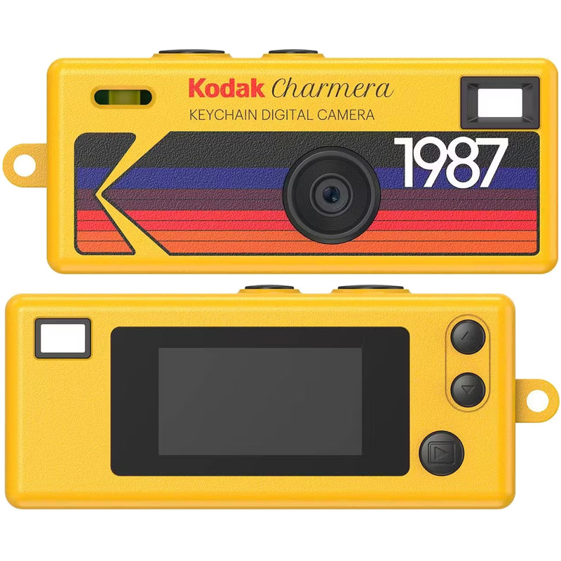 Kodak Charmera keychain digital camera packaging with colorful design and Kodak branding.