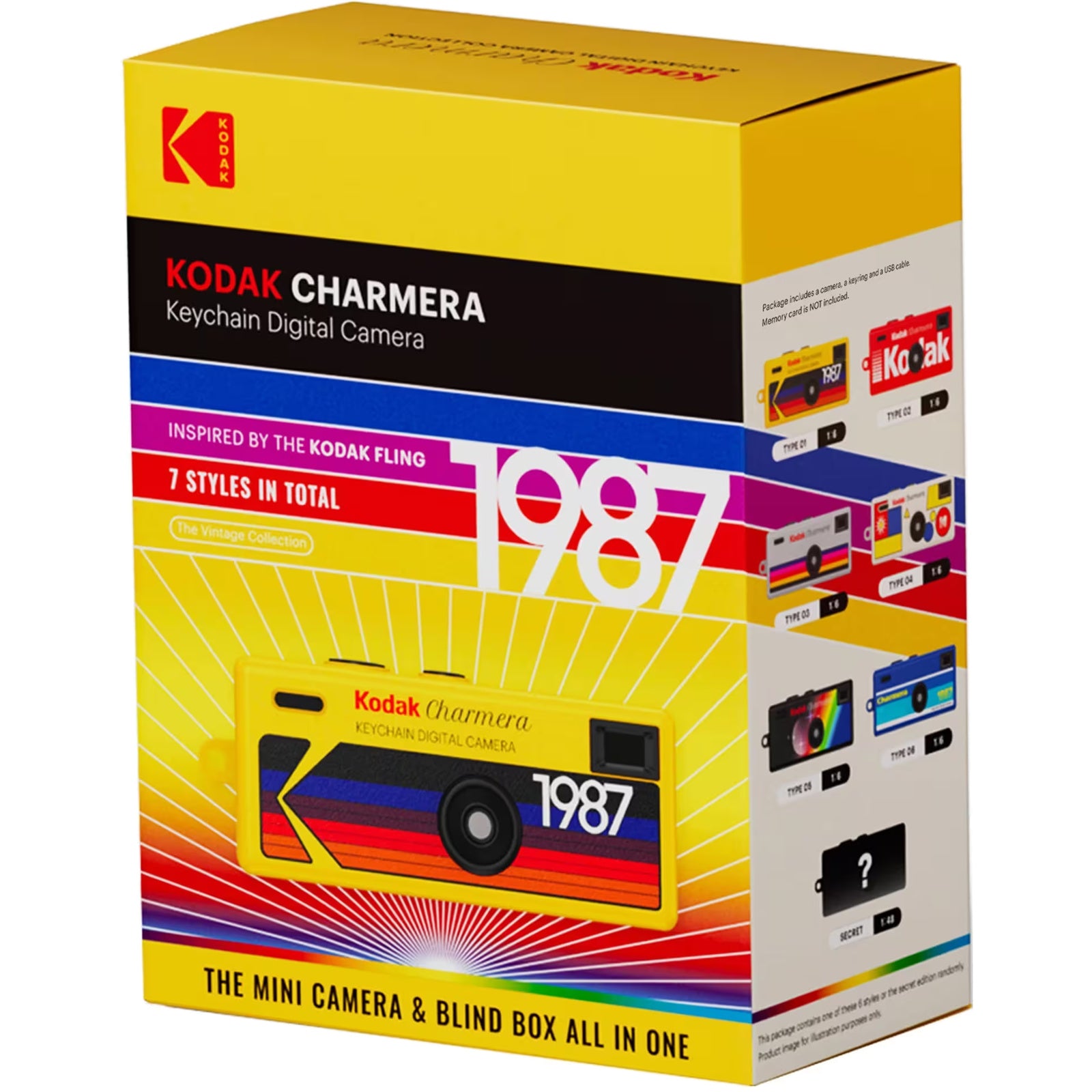 Kodak Charmera keychain digital camera packaging with colorful design and Kodak branding.
