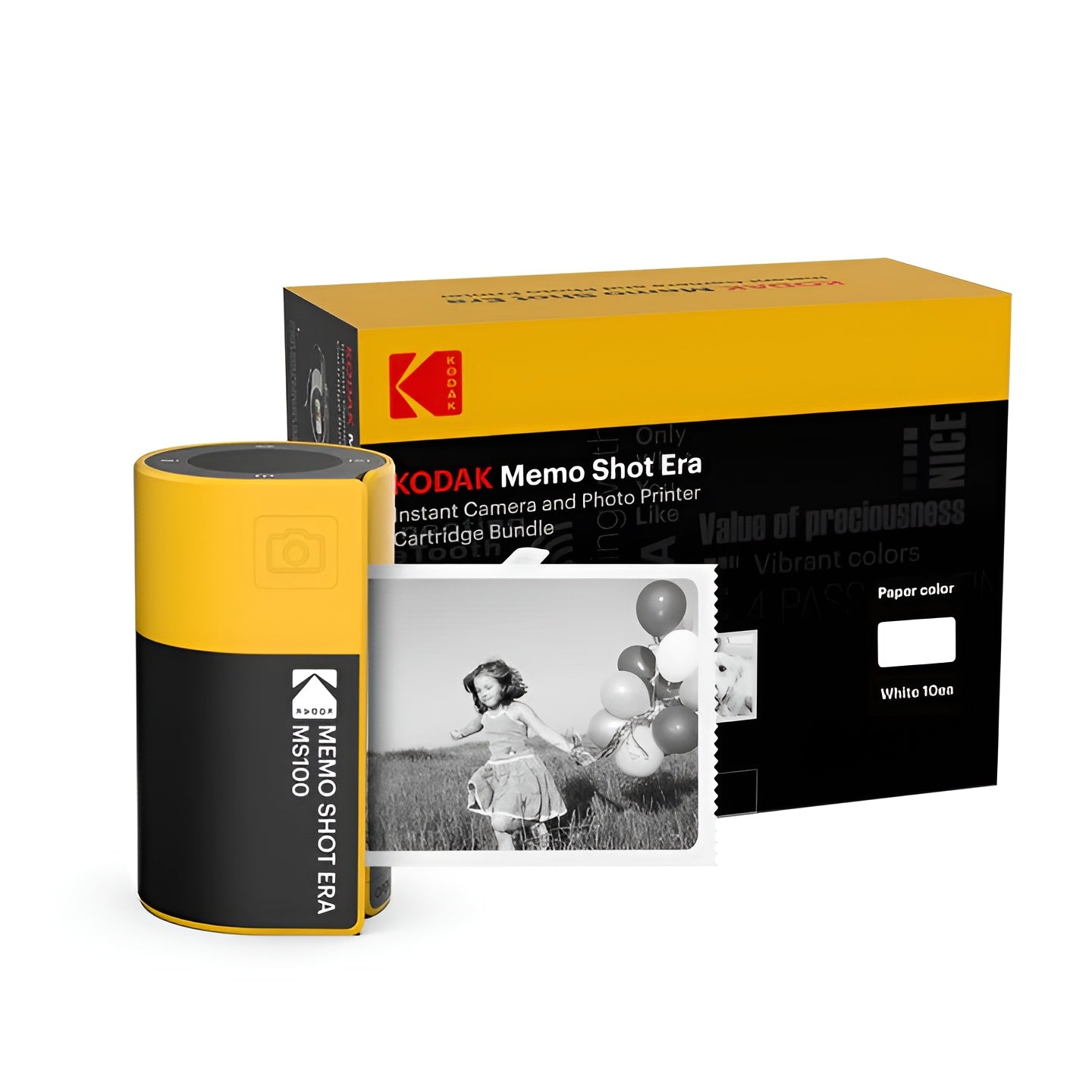 Kodak Memo Shot Era instant camera in a yellow black box, displaying a black and white photograph on its surface.