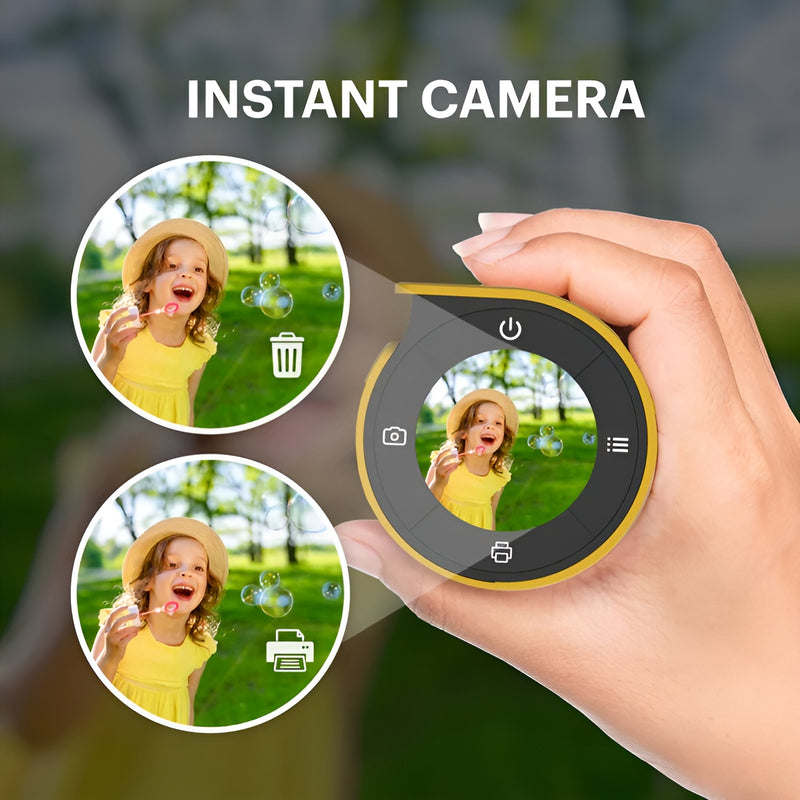 Kodak Memo Shot Era instant camera in a yellow black box, displaying a black and white photograph on its surface.