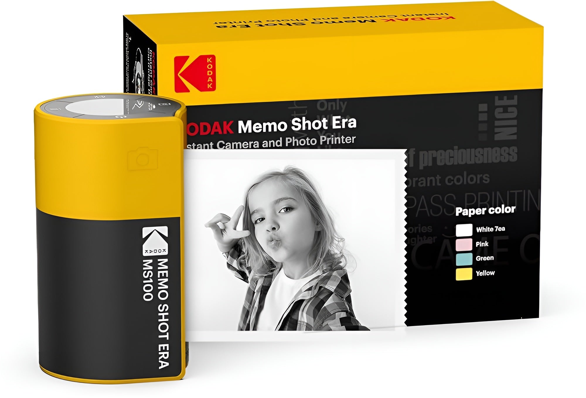 Kodak Memo Shot Era instant camera in a yellow black box, displaying a black and white photograph on its surface.