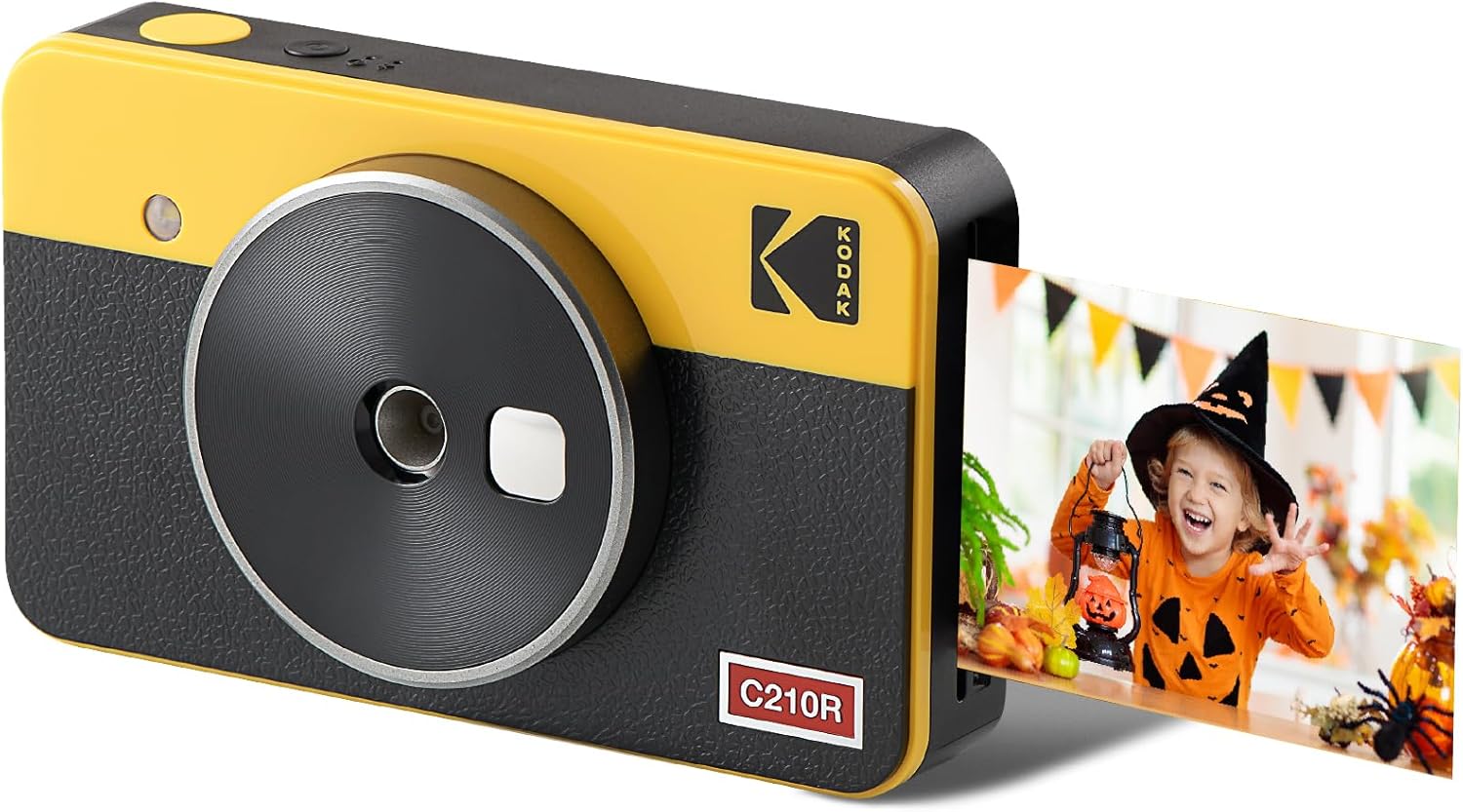 A yellow and black Kodak instant camera displaying a photo during the printing procedure.