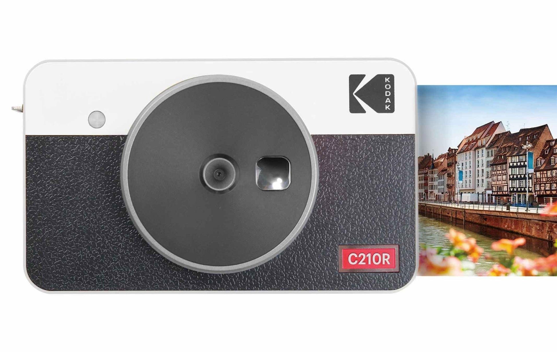 A yellow and black Kodak instant camera displaying a photo during the printing procedure.
