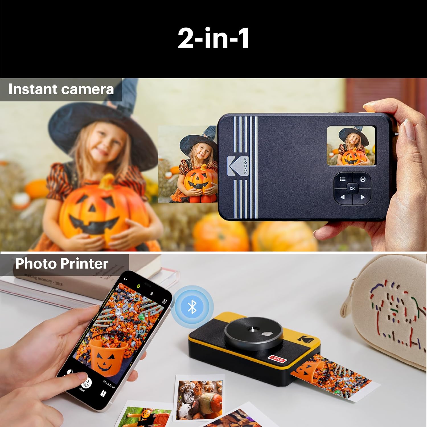 A yellow and black Kodak instant camera displaying a photo during the printing procedure.