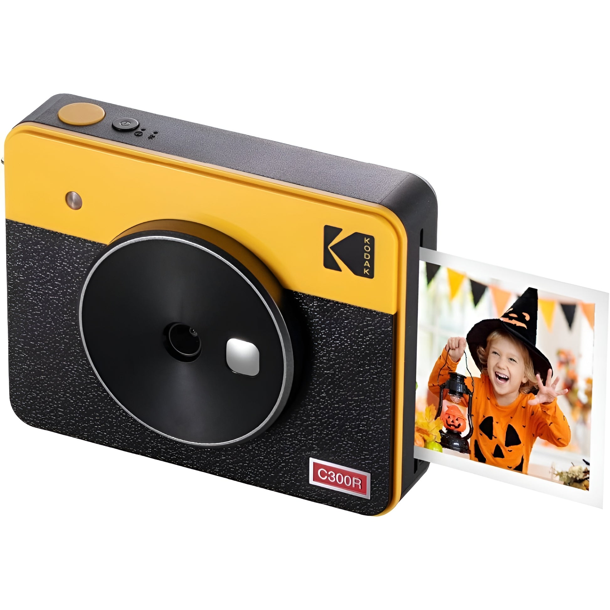 A yellow and black Kodak instant camera displaying a photo during the printing procedure.