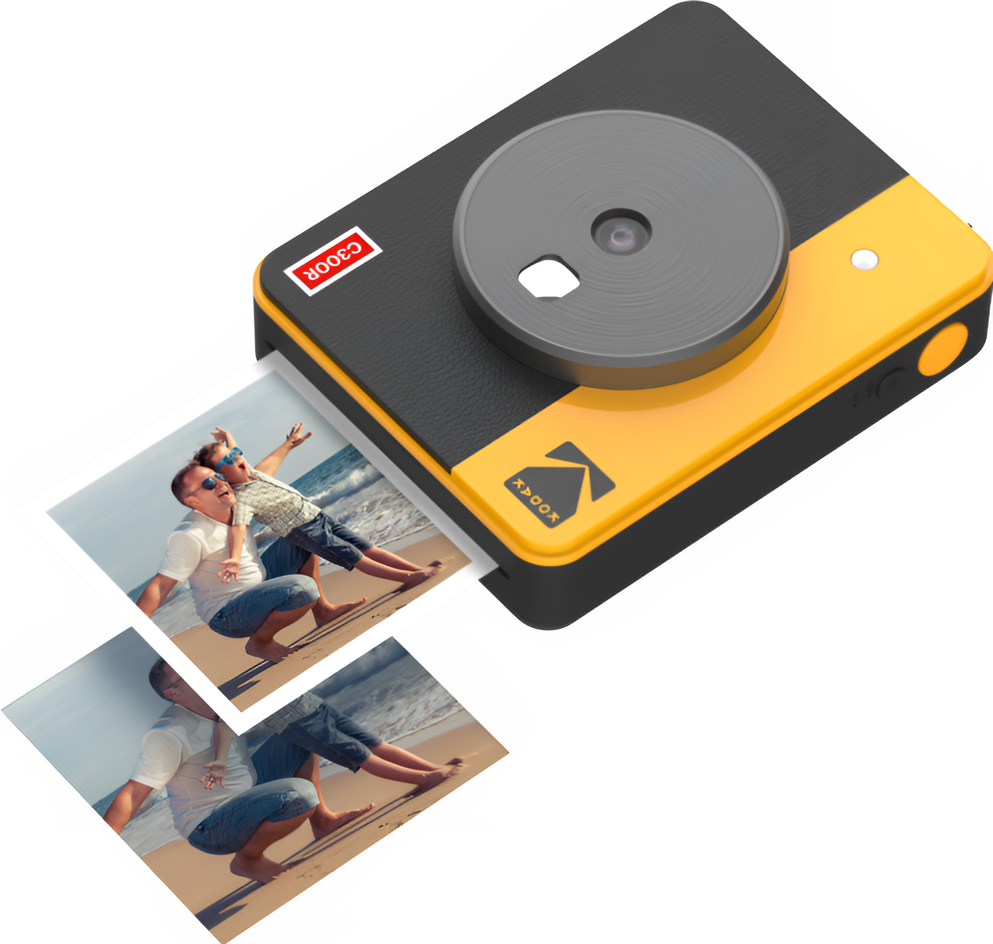 A yellow and black Kodak instant camera displaying a photo during the printing procedure.
