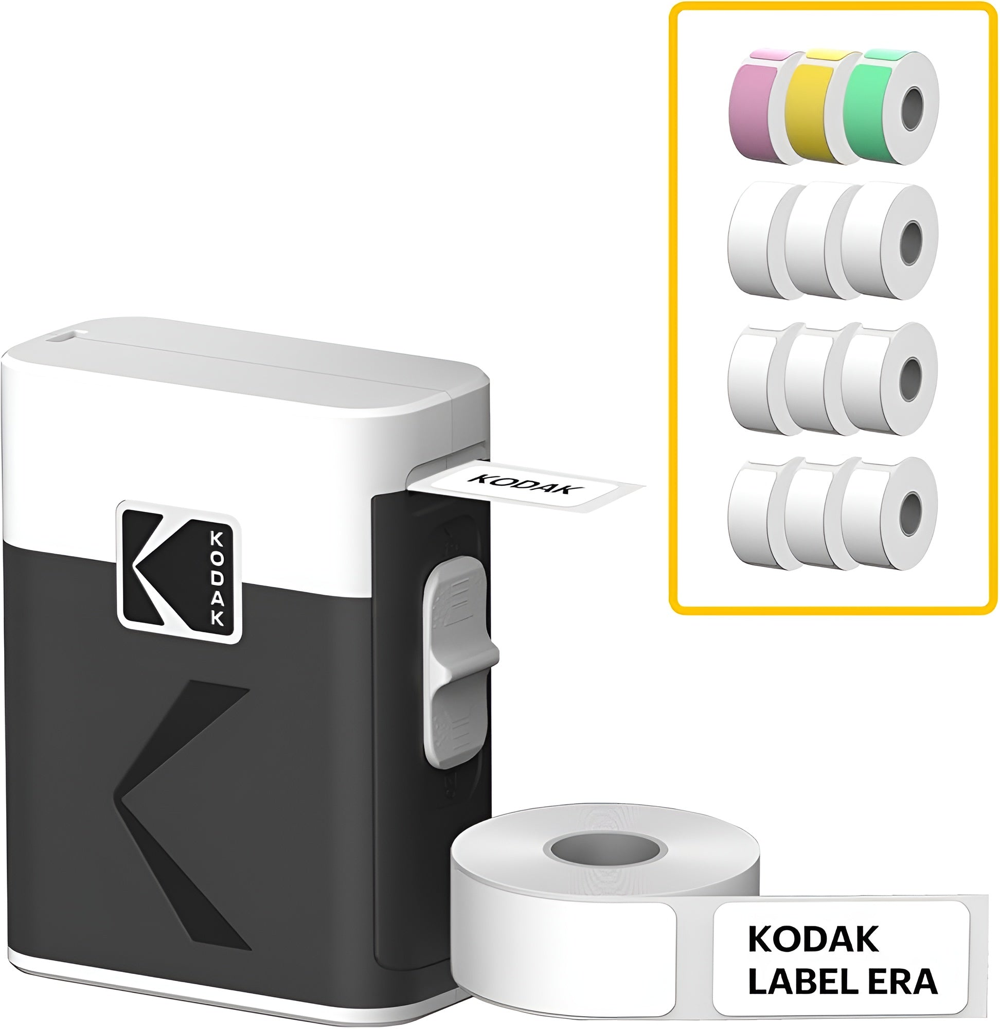 Kodak label rolls for Kodak printer in a yellow and black box.
