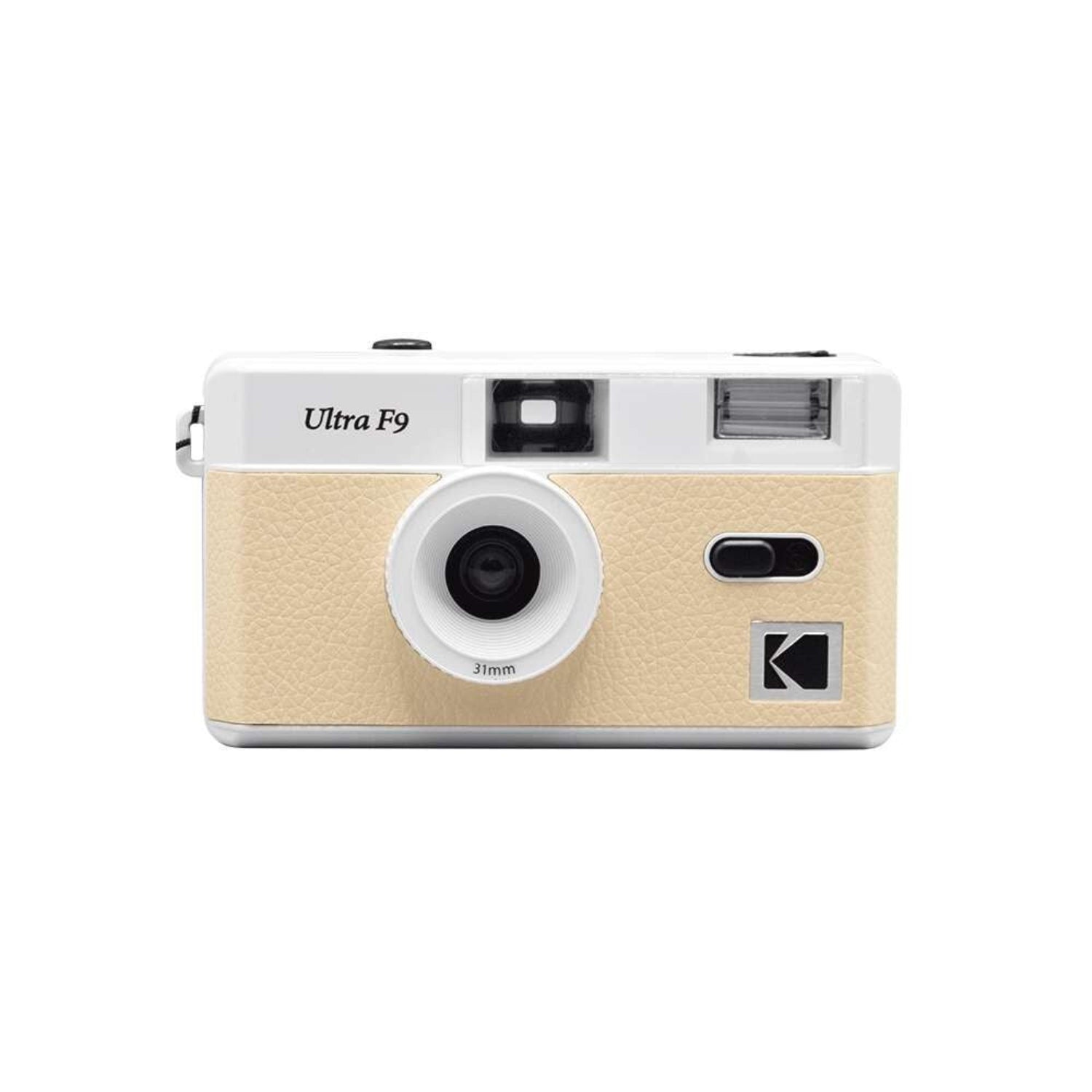 Beige and white Kodak Ultra F9 camera on a white background