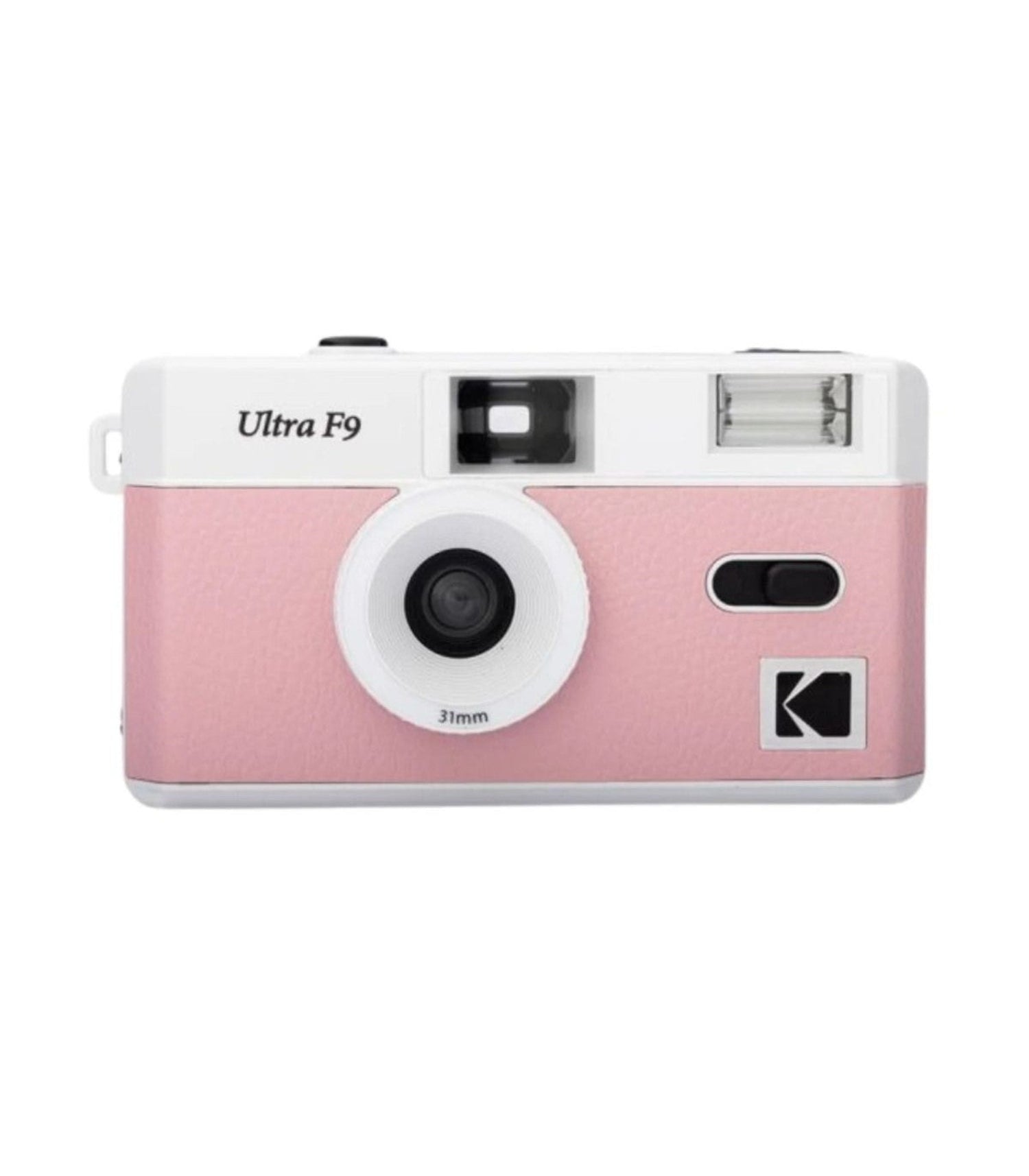 Pink and white Kodak Ultra F9 camera on a white background