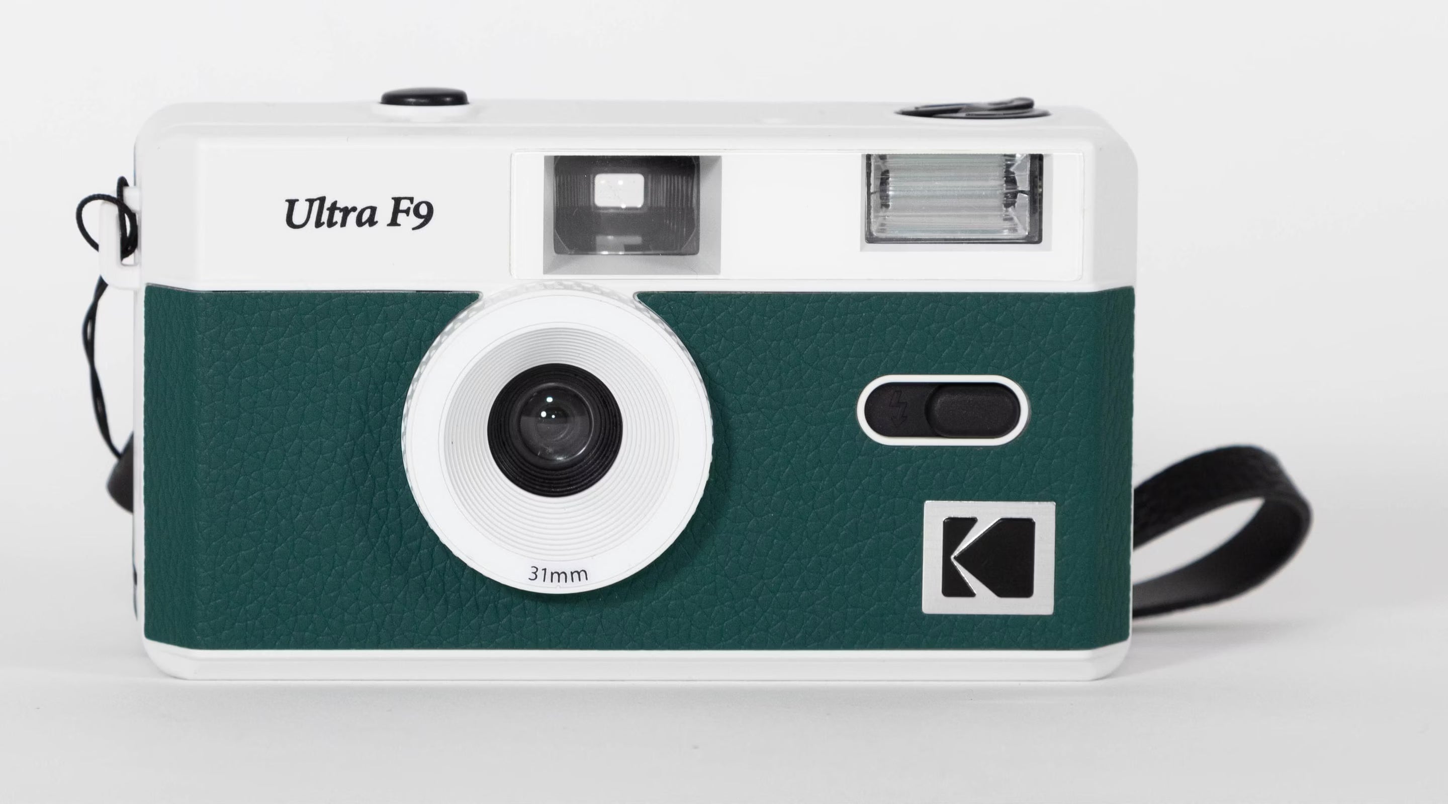 Green and white camera with 'Ultra F9' and 'Kodak' branding on a light gray background