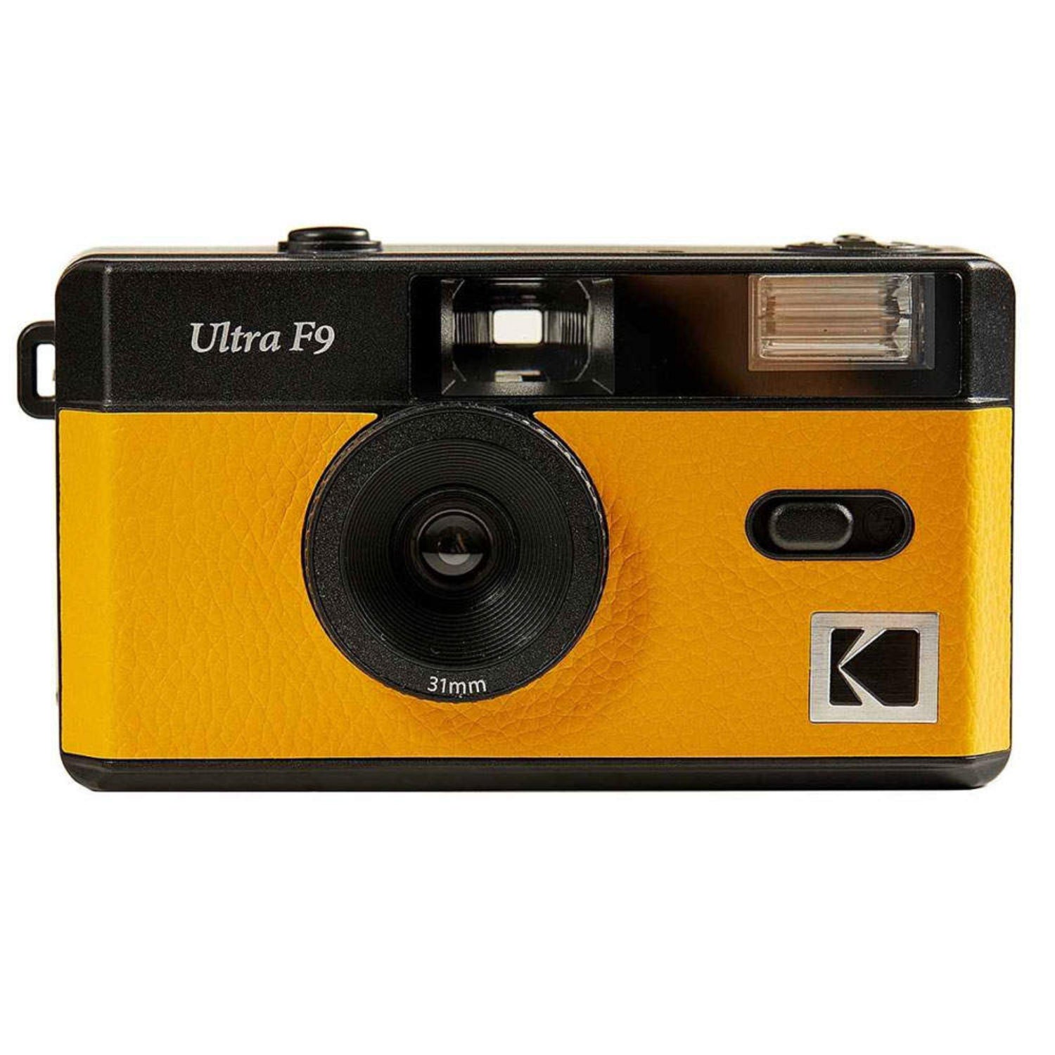 Kodak Vintage camera with black body and yellow textured grip on a white background