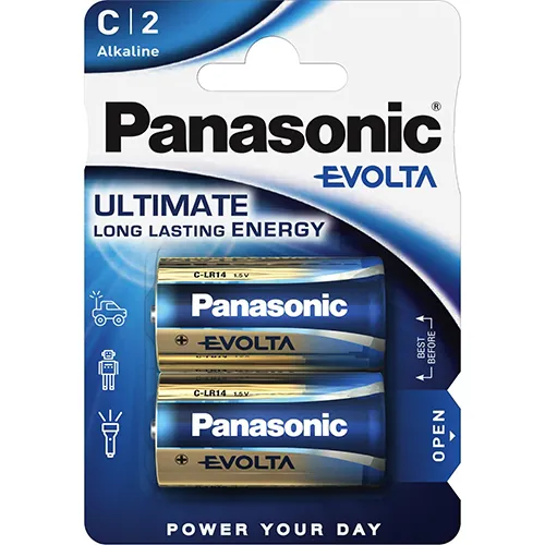 Panasonic Evolta C batteries packaging with two batteries visible