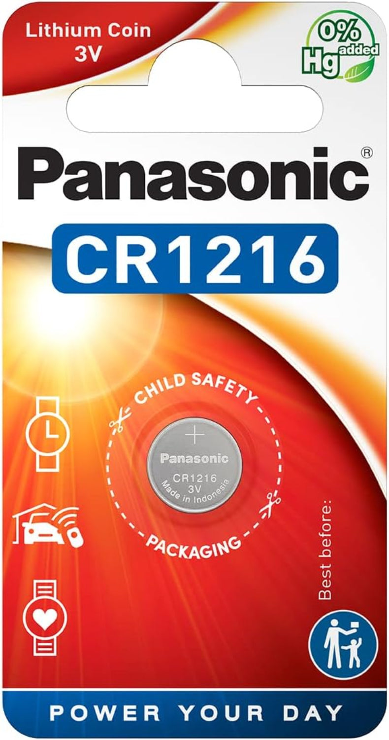 Panasonic CR1216 lithium coin battery packaging with child safety packaging feature.