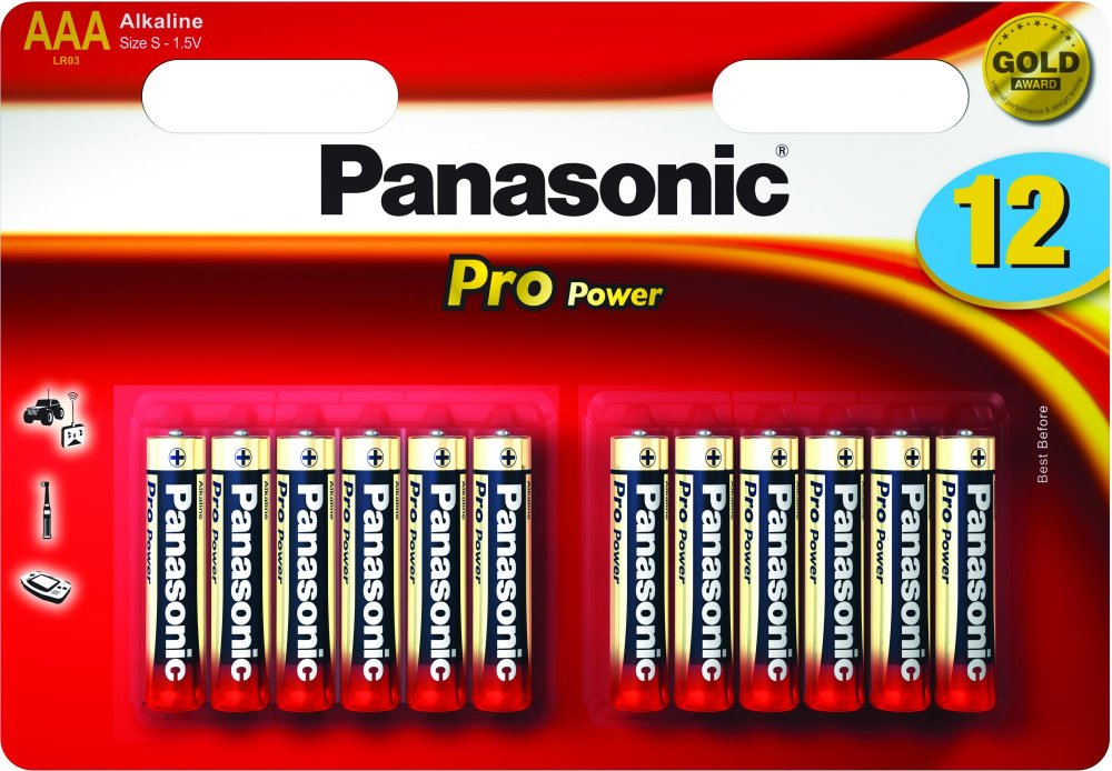 Pack of 12 Panasonic Pro Power AAA alkaline batteries in a red and white blister card package with a gold 'Gold Award' badge.