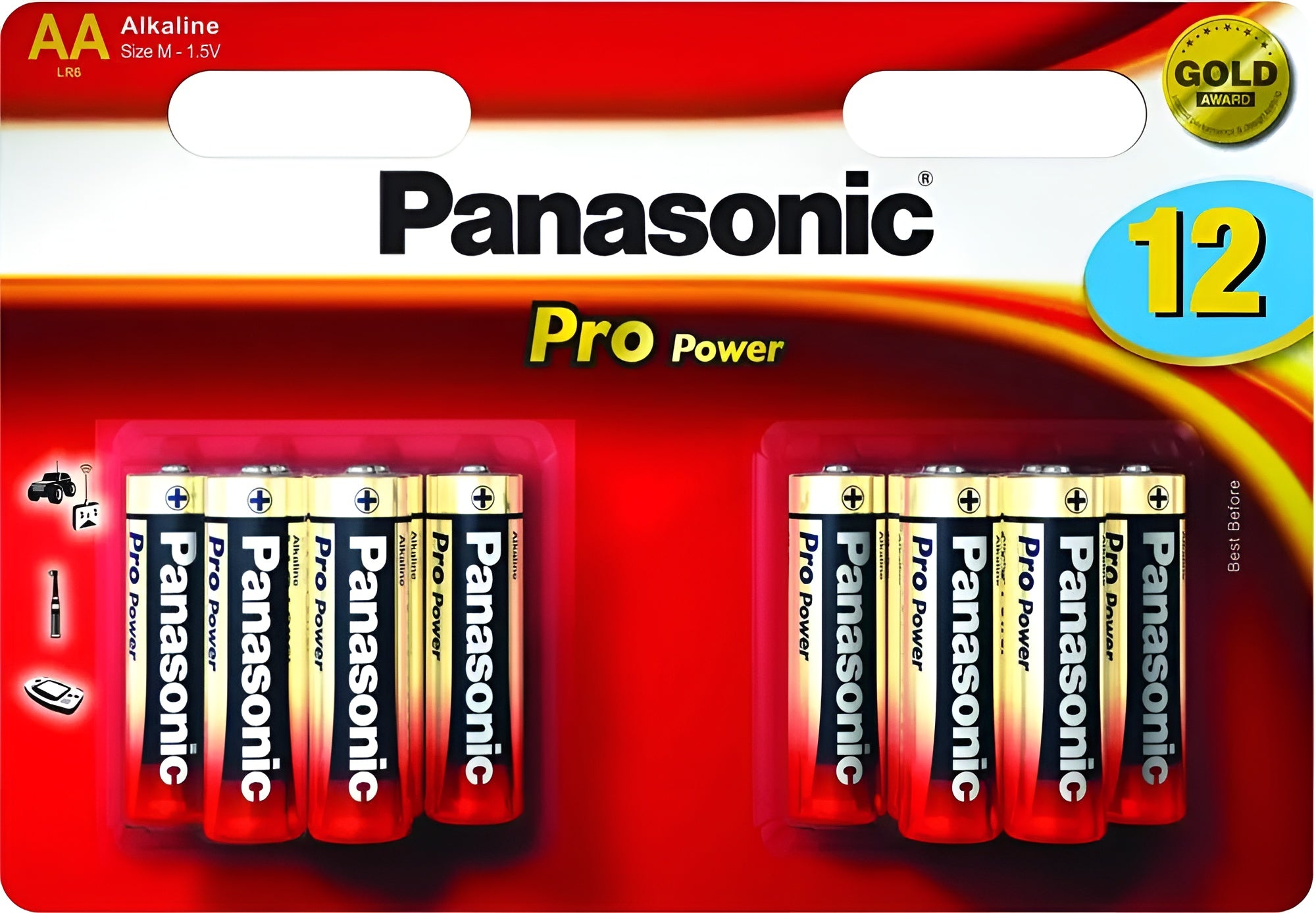 A 12-pack of Panasonic AA batteries, ideal for powering electronics and household devices.
