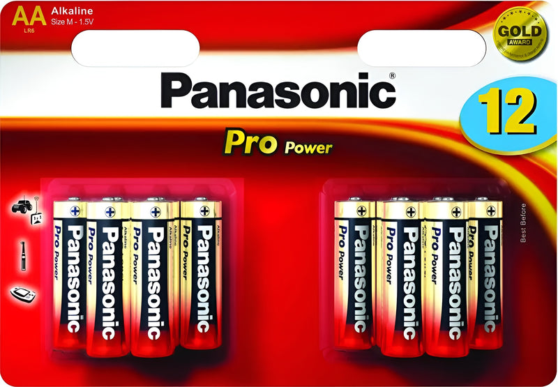 A 12-pack of Panasonic AA batteries, ideal for powering electronics and household devices.
