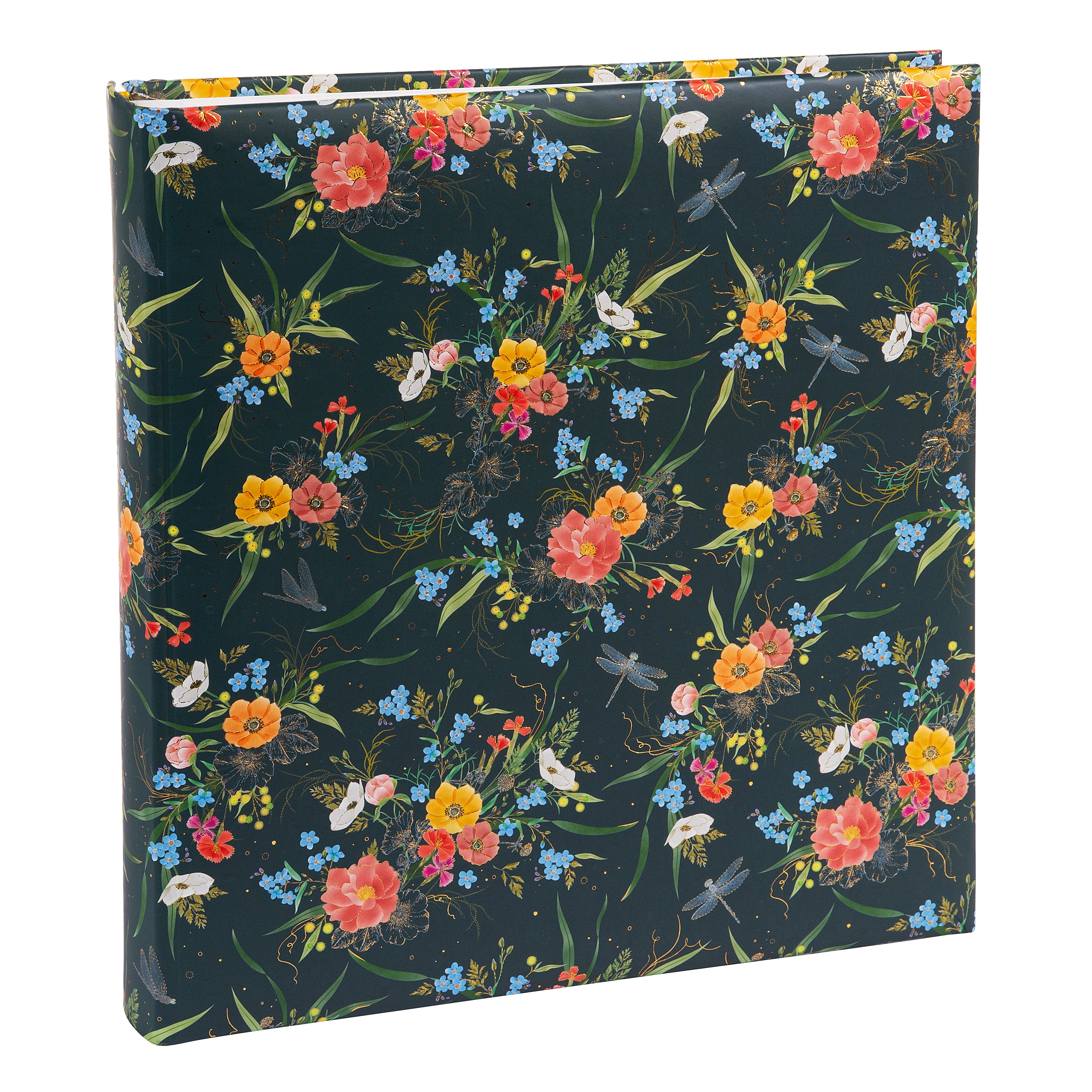 A Goldbuch photo album with a flower illustration on a dark cover, showcasing its hardcover design and white pages.
