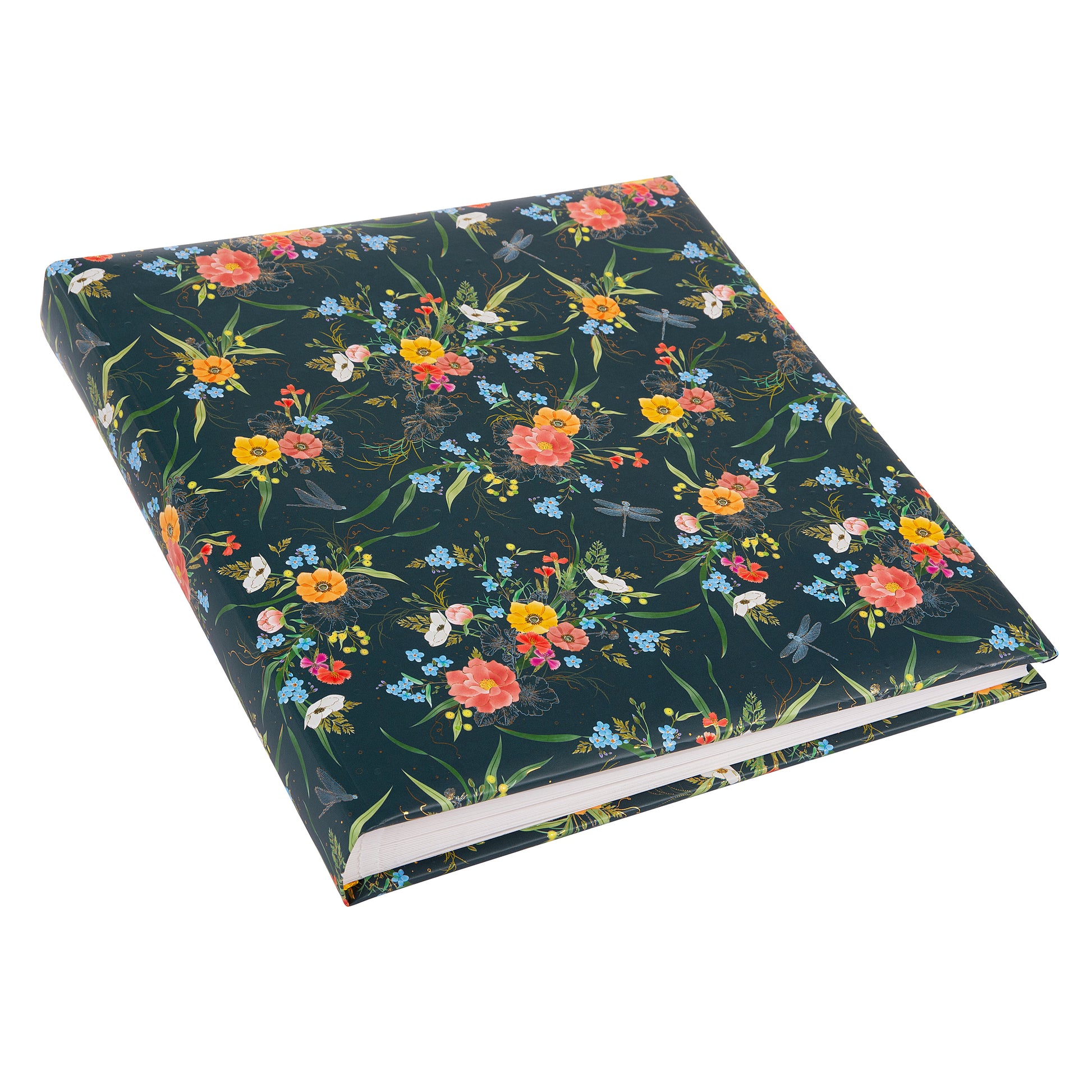 A Goldbuch photo album with a flower illustration on a dark cover, showcasing its hardcover design and white pages.
