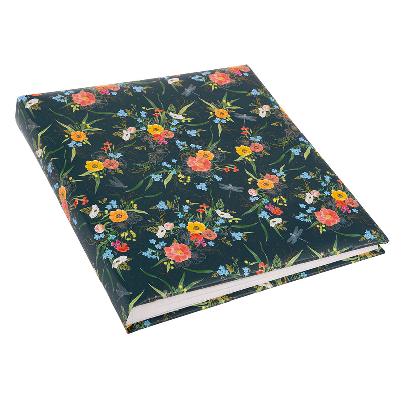 A Goldbuch photo album with a flower illustration on a dark cover, showcasing its hardcover design and white pages.