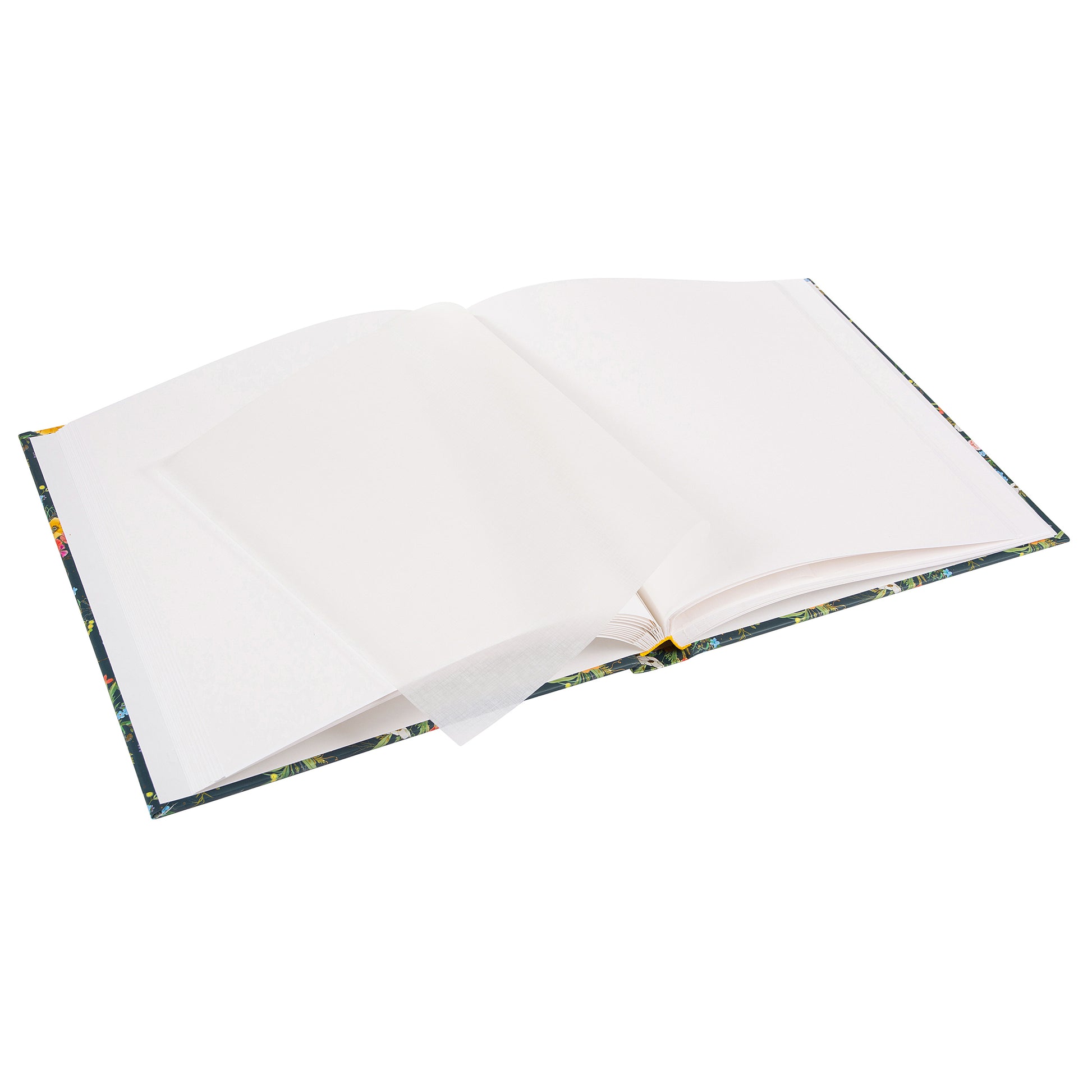 A Goldbuch photo album with a flower illustration on a dark cover, showcasing its hardcover design and white pages.