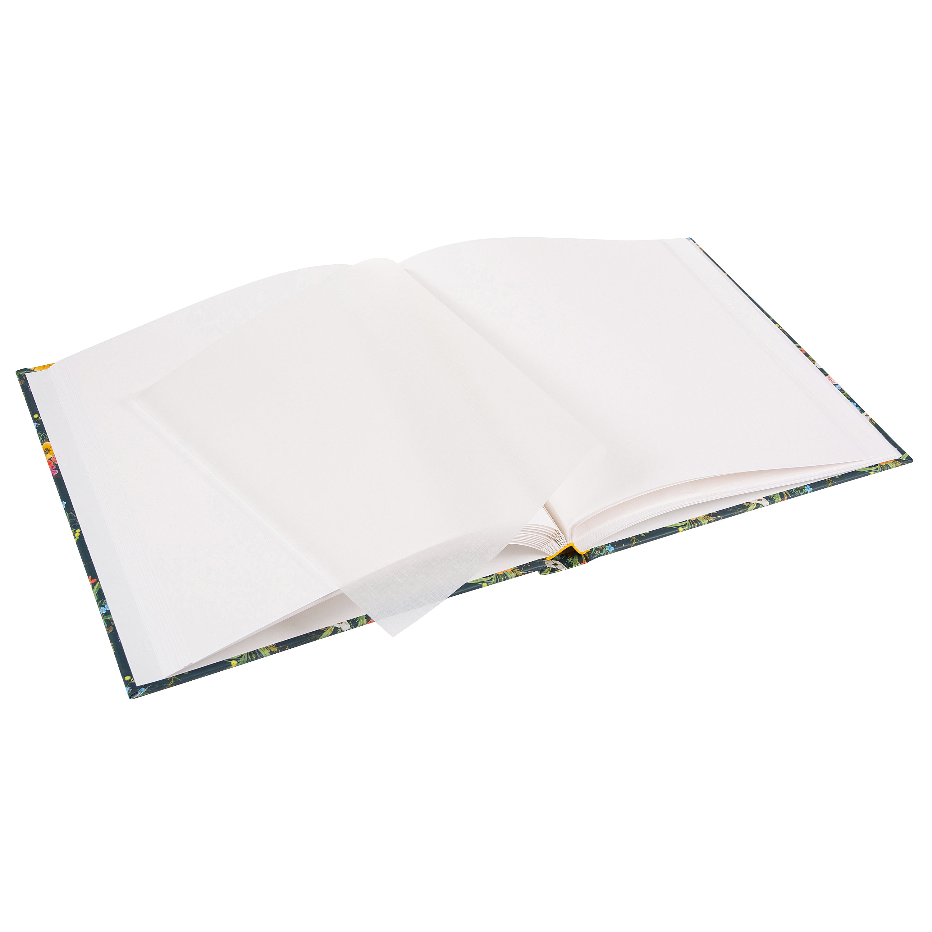 A Goldbuch photo album with a flower illustration on a dark cover, showcasing its hardcover design and white pages.