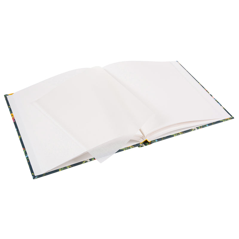 A Goldbuch photo album with a flower illustration on a dark cover, showcasing its hardcover design and white pages.