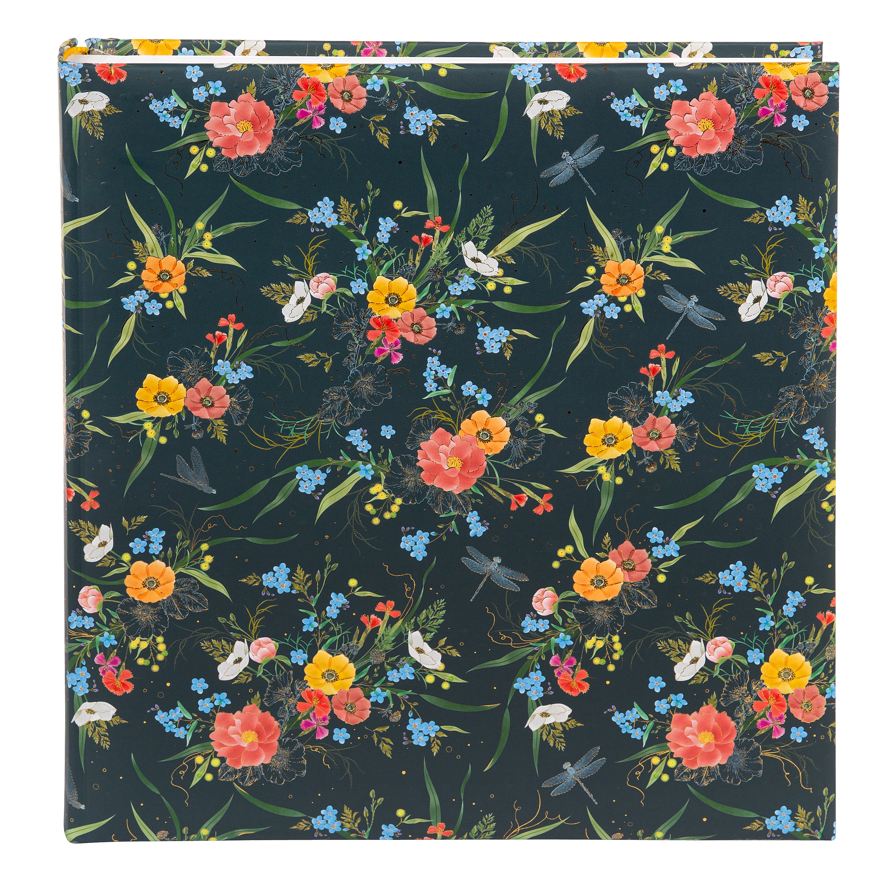 A Goldbuch photo album with a flower illustration on a dark cover, showcasing its hardcover design and white pages.