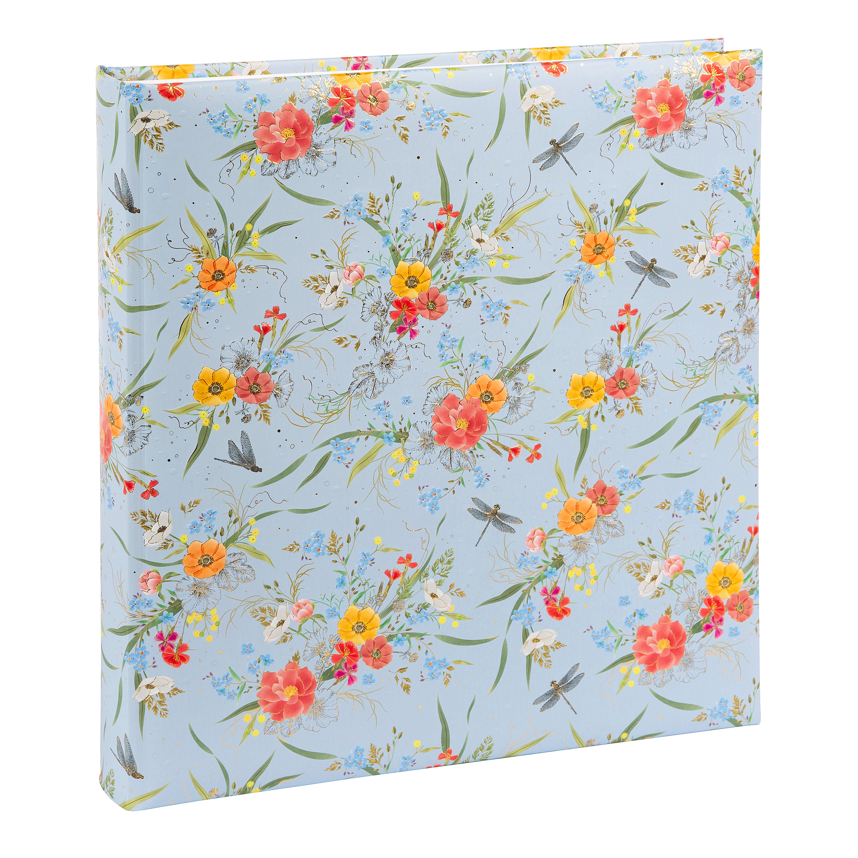 A Goldbuch photo album with a flower illustration on a light blue cover, showcasing its hardcover design and white pages.